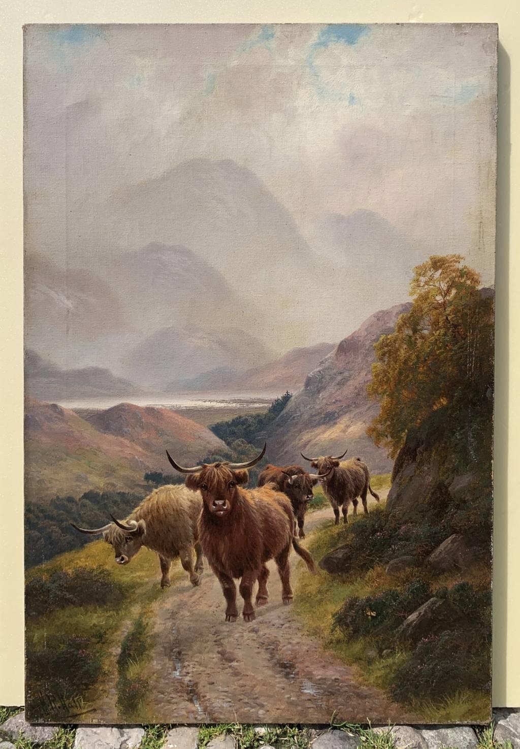 Harald R. Hall (British, 1866 - 1902) - Highlander herd along trail.

77 x 51 cm.

Antique oil painting on canvas, without frame.

- Work signed bottom left: “H. R. Hall”.

- Work inscribed on the back: “Highland Ramblers.. H.R.Hall”.

Condition