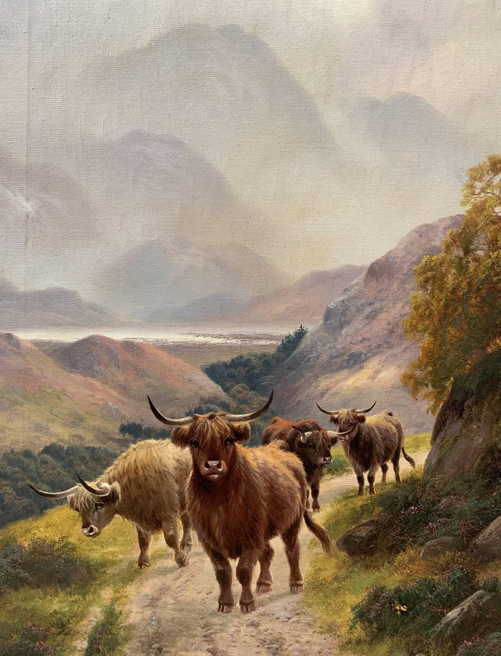 Harald R. Hall - Late 19th century English landscape painting - Herd Highlanders For Sale 1