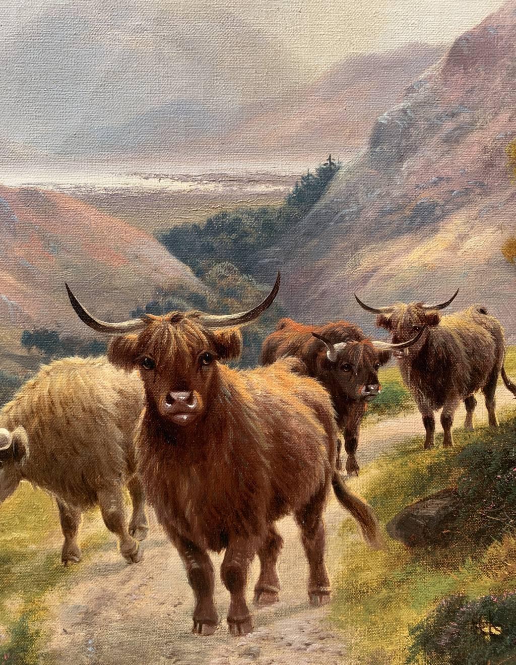 Harald R. Hall - Late 19th century English landscape painting - Herd Highlanders For Sale 4