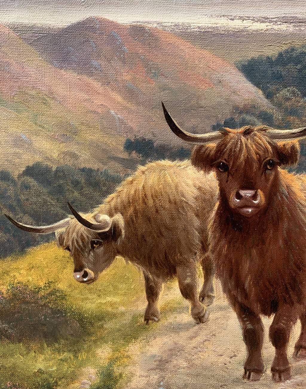 Harald R. Hall - Late 19th century English landscape painting - Herd Highlanders For Sale 5