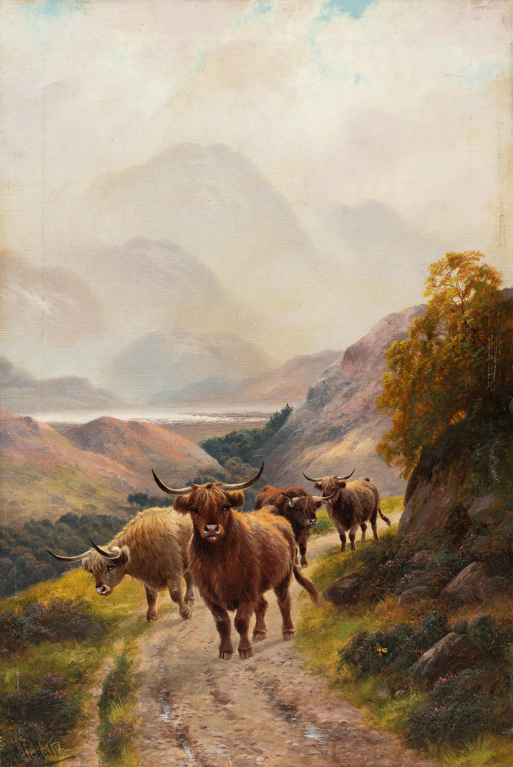  Harald R. Hall Animal Painting - Harald R. Hall - Late 19th century English landscape painting - Herd Highlanders