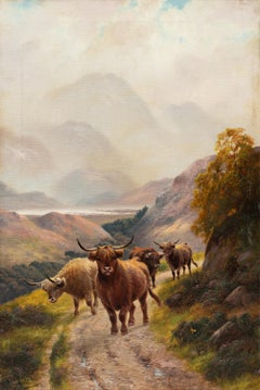 Harald R. Hall - Pintura paisajista inglesa de finales del siglo XIX - Herd Highlanders