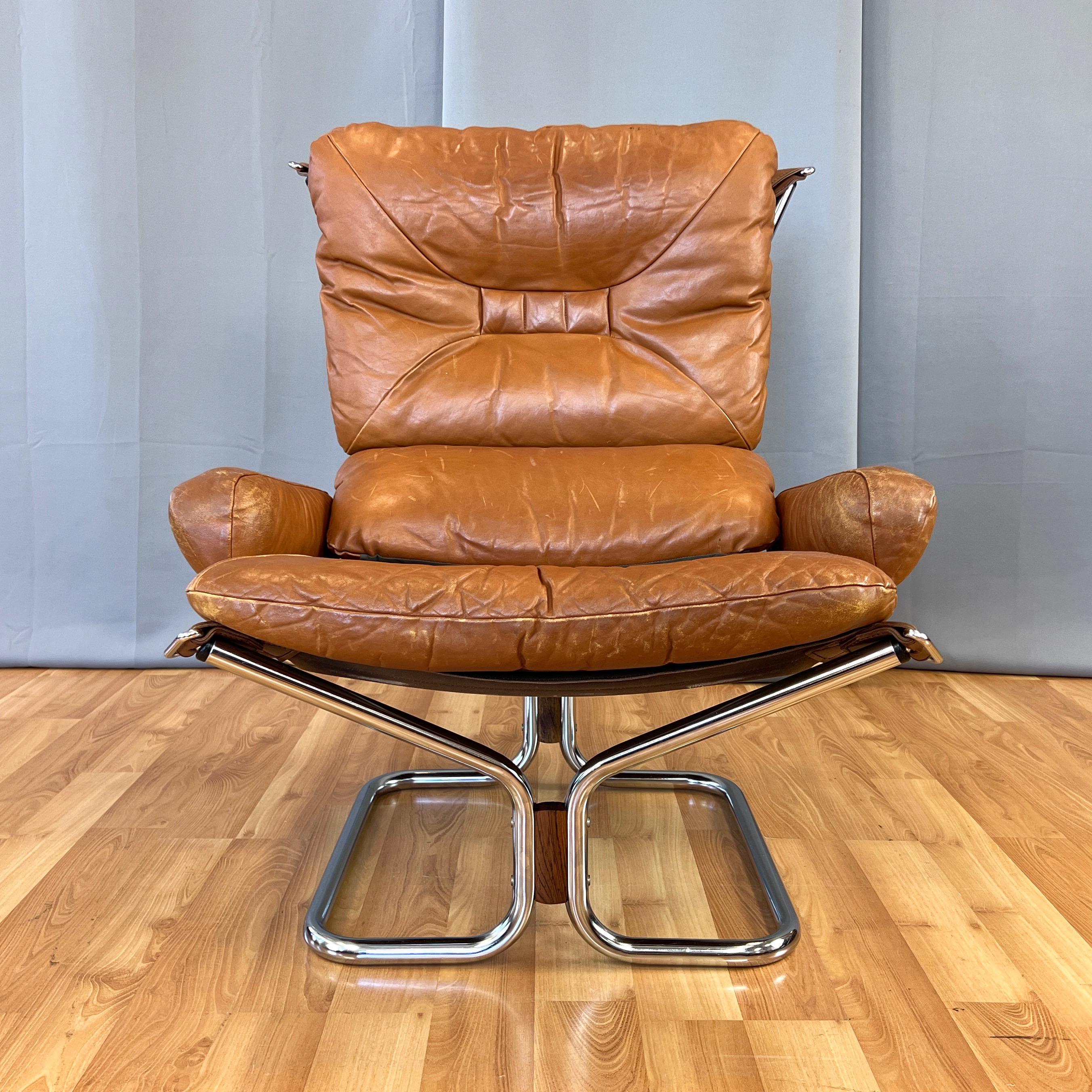 Scandinavian Modern Harald Relling for Westnofa Leather and Chrome Wing Lounge Chair, Norway, 1970s