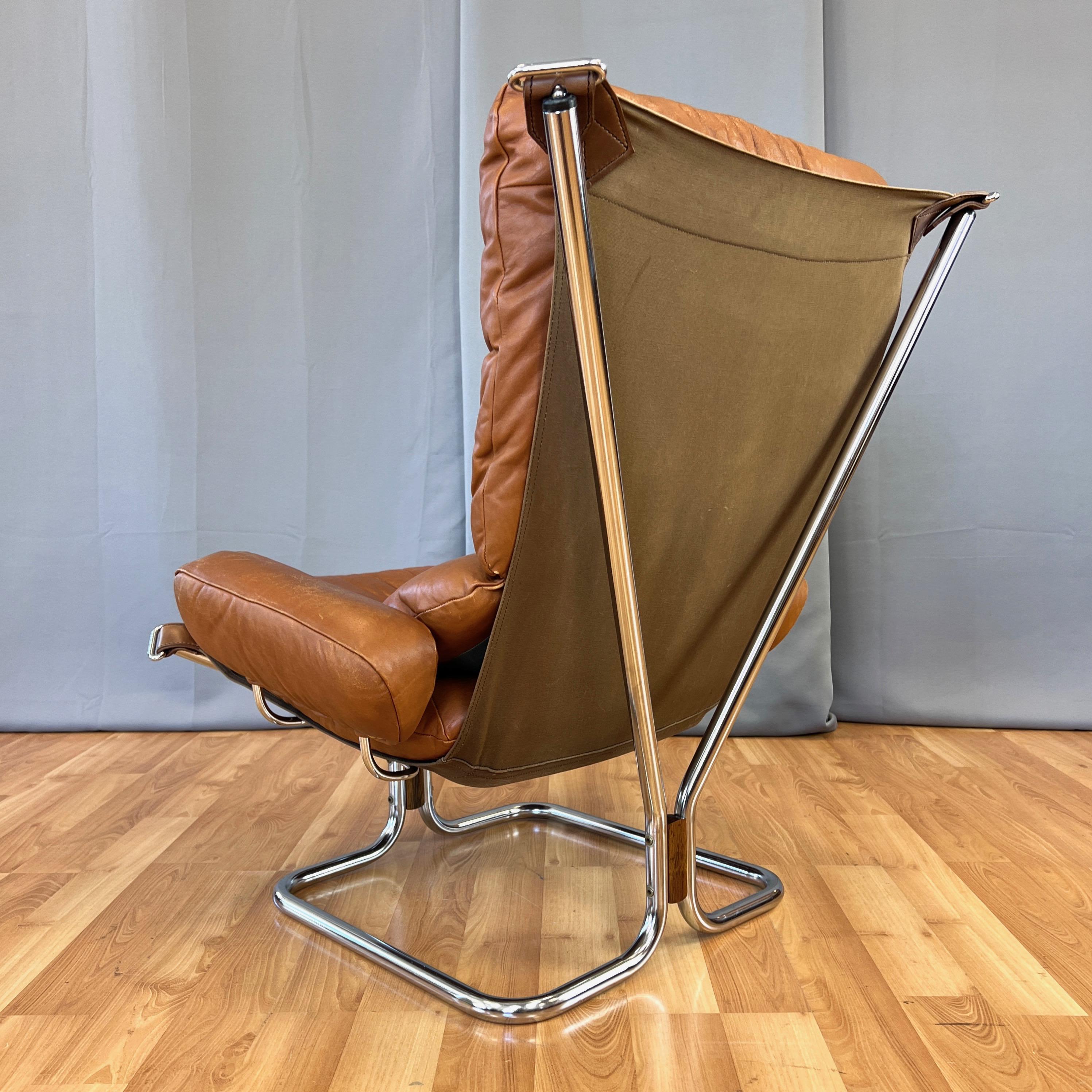 Polished Harald Relling for Westnofa Leather and Chrome Wing Lounge Chair, Norway, 1970s