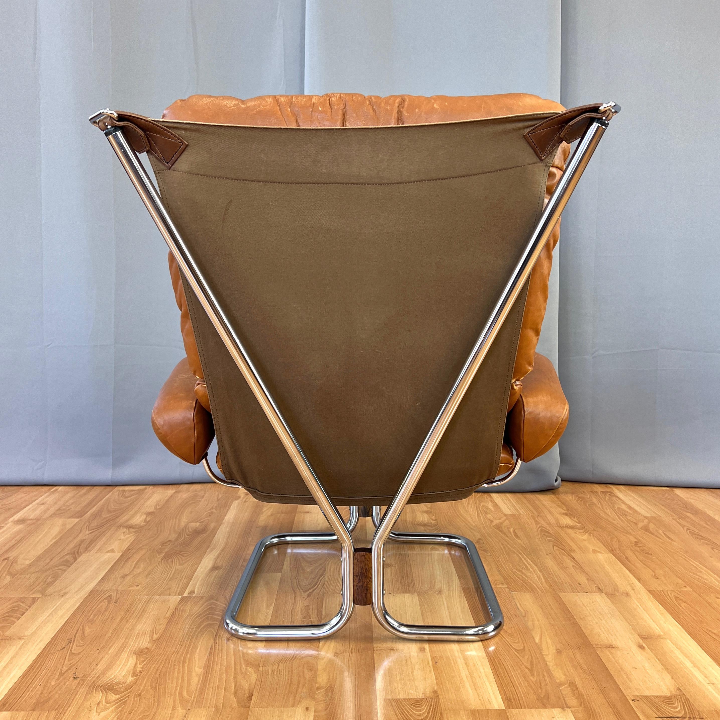 Harald Relling for Westnofa Leather and Chrome Wing Lounge Chair, Norway, 1970s In Good Condition In San Francisco, CA