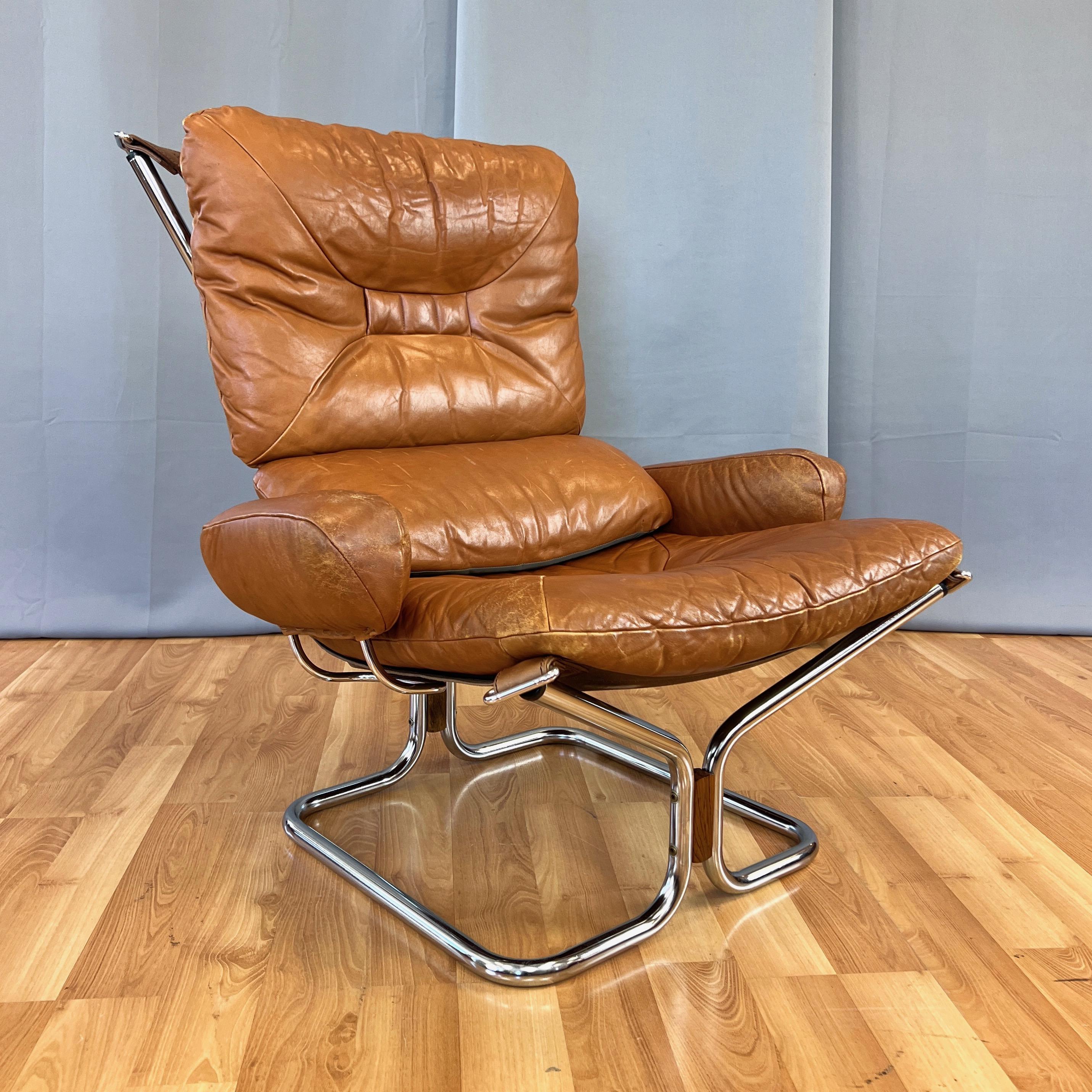 Harald Relling for Westnofa Leather and Chrome Wing Lounge Chair, Norway, 1970s 1