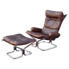 Harald Relling pour Westnofa fauteuil de salon Wing Wingback en cuir marron