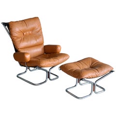 Chaise et pouf "Wing" Harald Relling en cuir cognac pour Westnofa