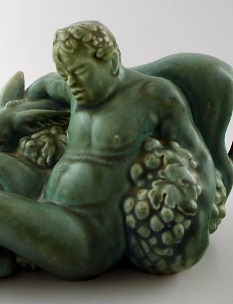 Swedish Harald Salomon for Rörstrand, Green Glazed Pottery Figure of Bacchus and Donkey