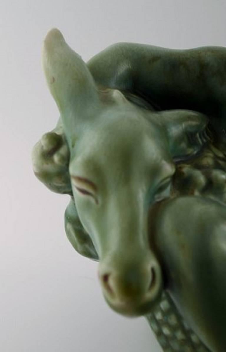 20th Century Harald Salomon for Rörstrand, Green Glazed Pottery Figure of Bacchus and Donkey For Sale