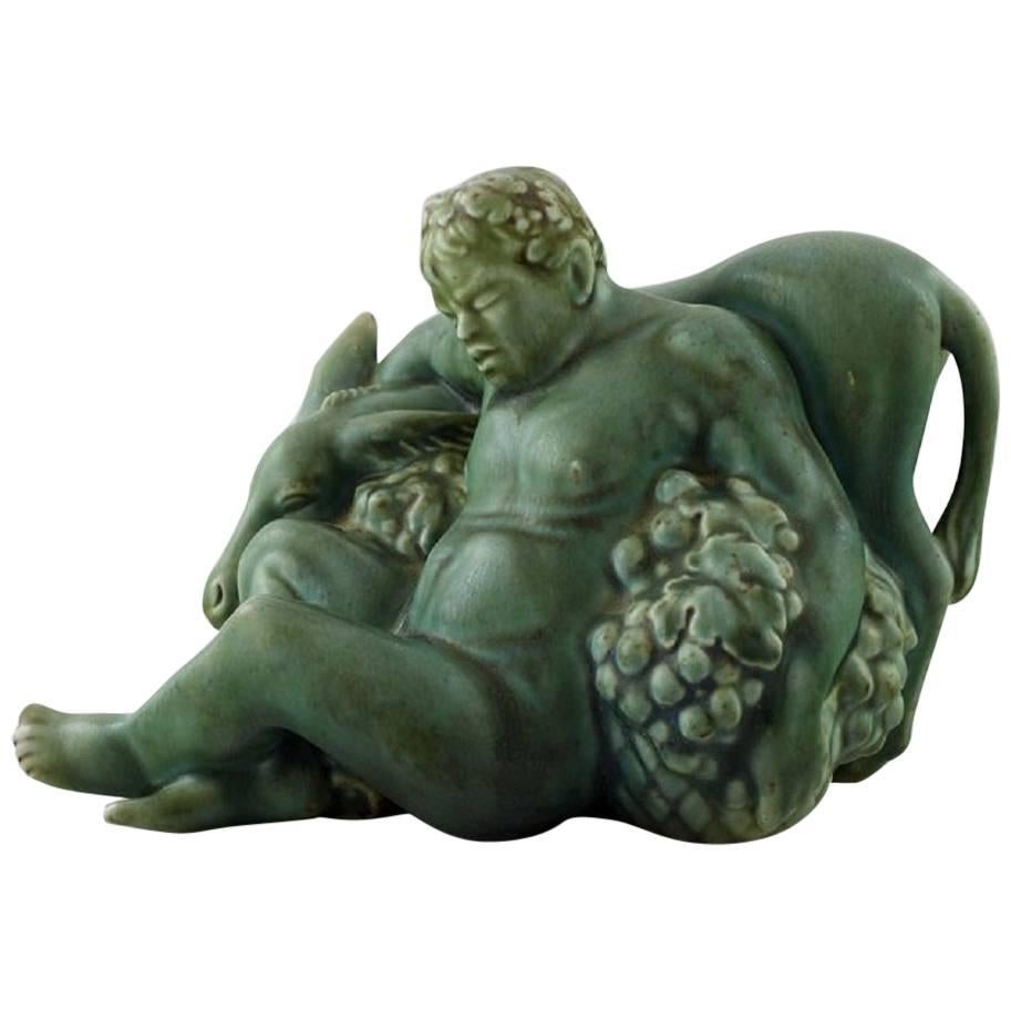 Harald Salomon for Rörstrand, Green Glazed Pottery Figure of Bacchus and Donkey