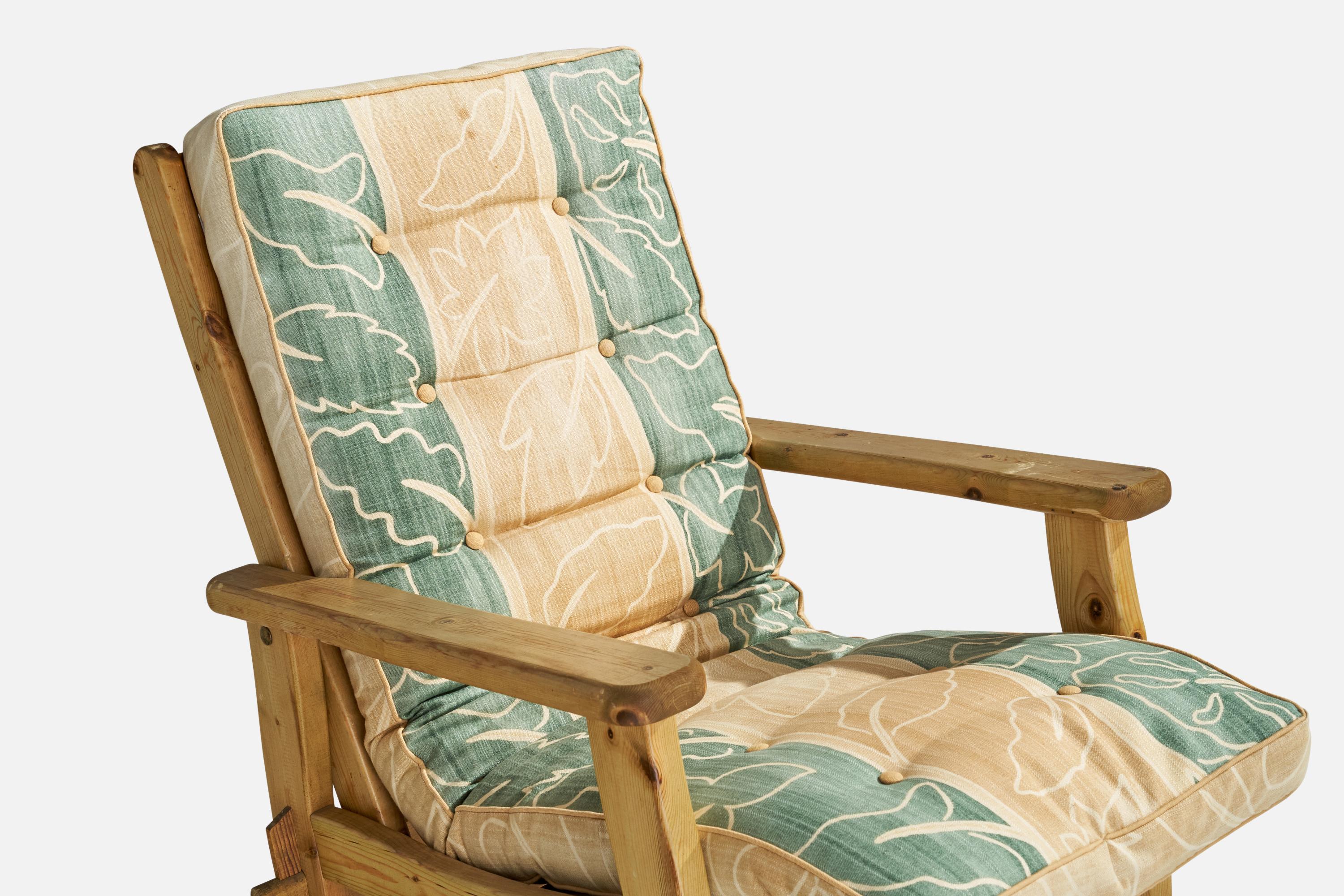 Harbo, Rocking Lounge Chair, Pine, Fabric, Sweden, 1980s For Sale 2
