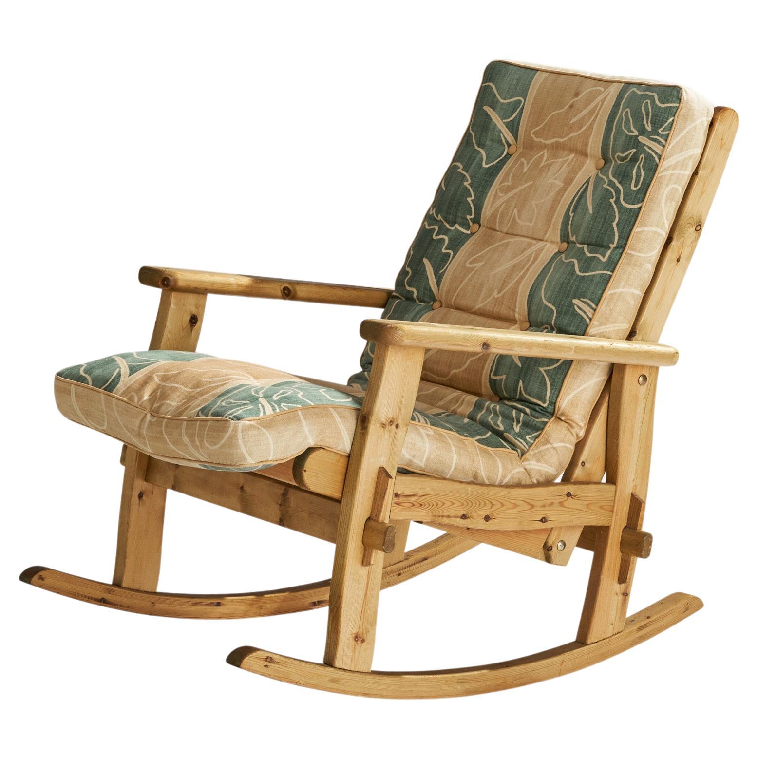 Harbo, Rocking Lounge Chair, Pine, Fabric, Sweden, 1980s For Sale