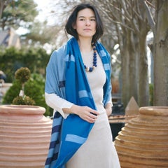 Harbor Blue Silk Merino Hand Woven Hand Embroidered Modern Artisanal Scarf