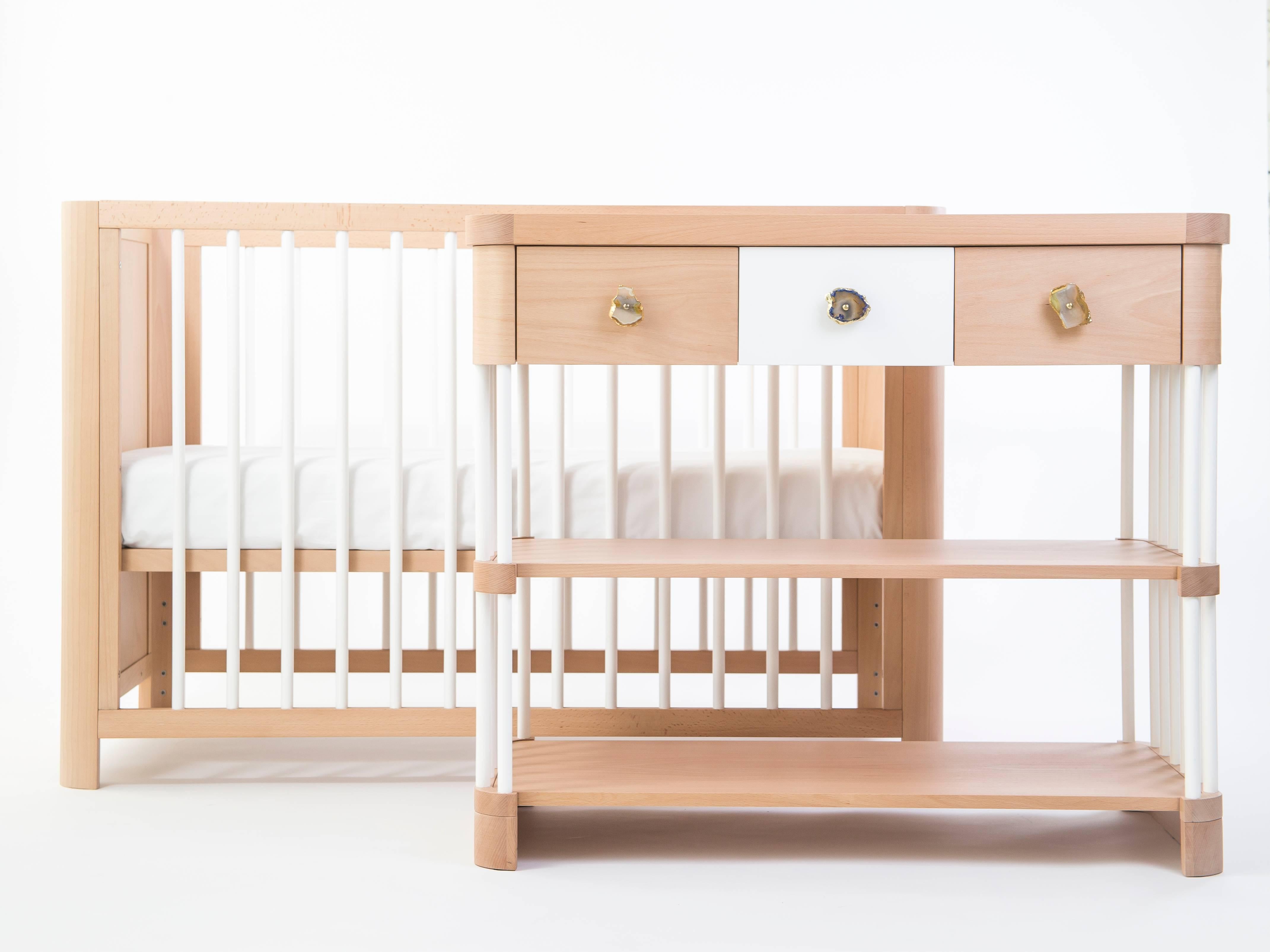 A changing table that provides safe harbor for baby while you sooth, change, massage, play and bond. There is ample room for baby to grow, and you to tend to them without bending. The table converts to become a desk, entryway console, or a set of