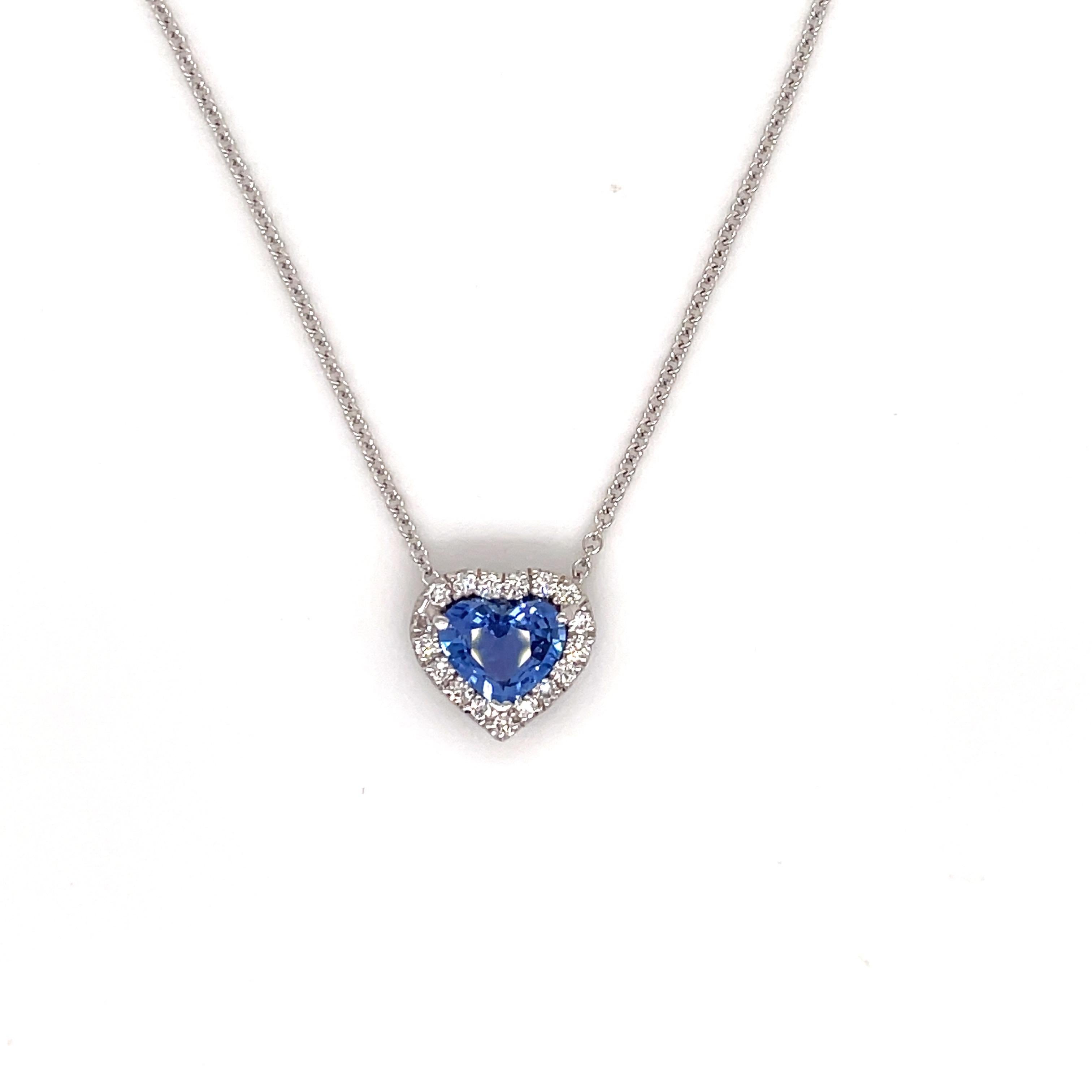 Contemporary Blue Sapphire Heart Shape Diamond Halo Pendant 1.55 Carat 18 Karat White Gold
