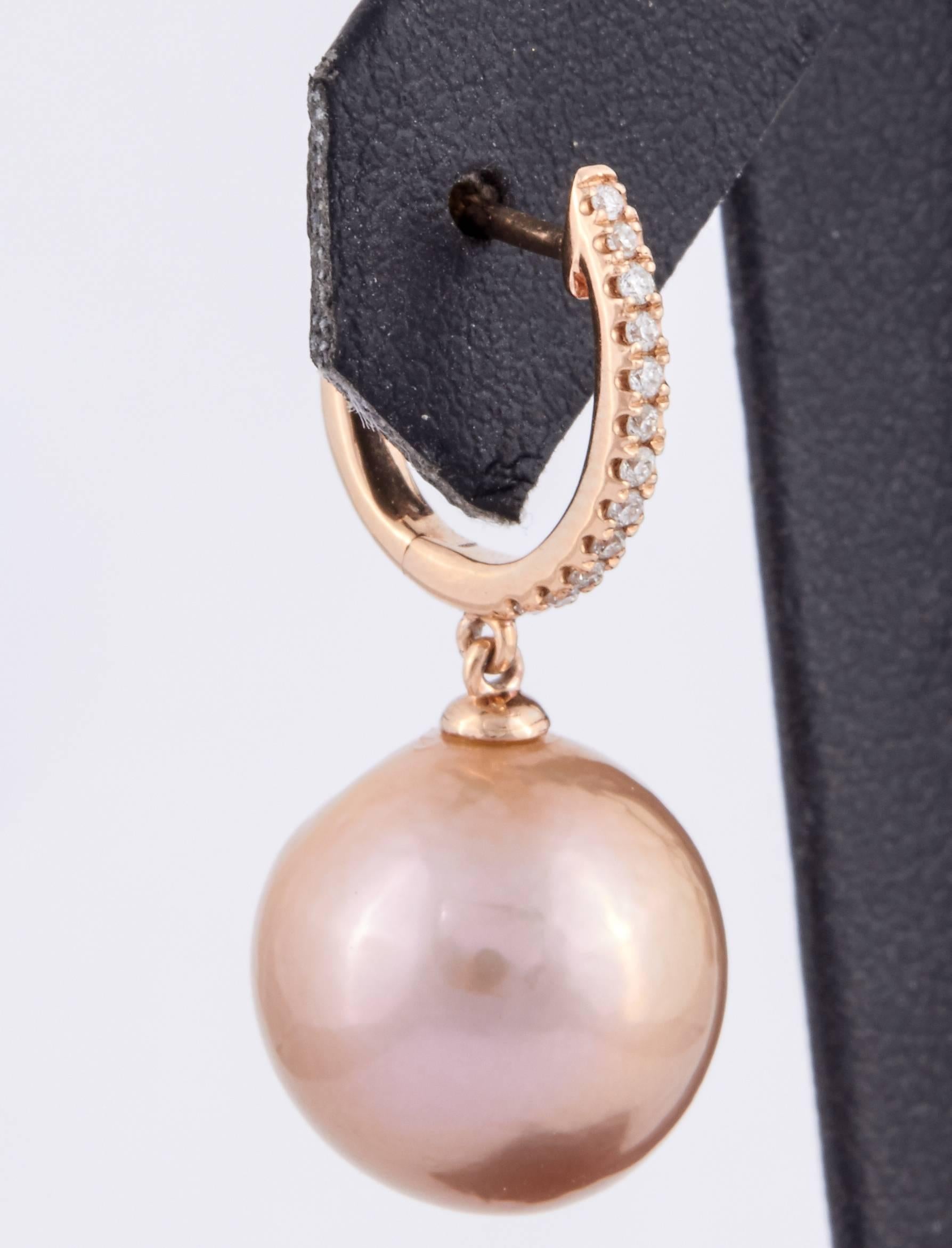 Contemporary Pink Freshwater Cultured Pearl Diamond Drop Earrings 0.11 Carats 14K Pink Gold For Sale