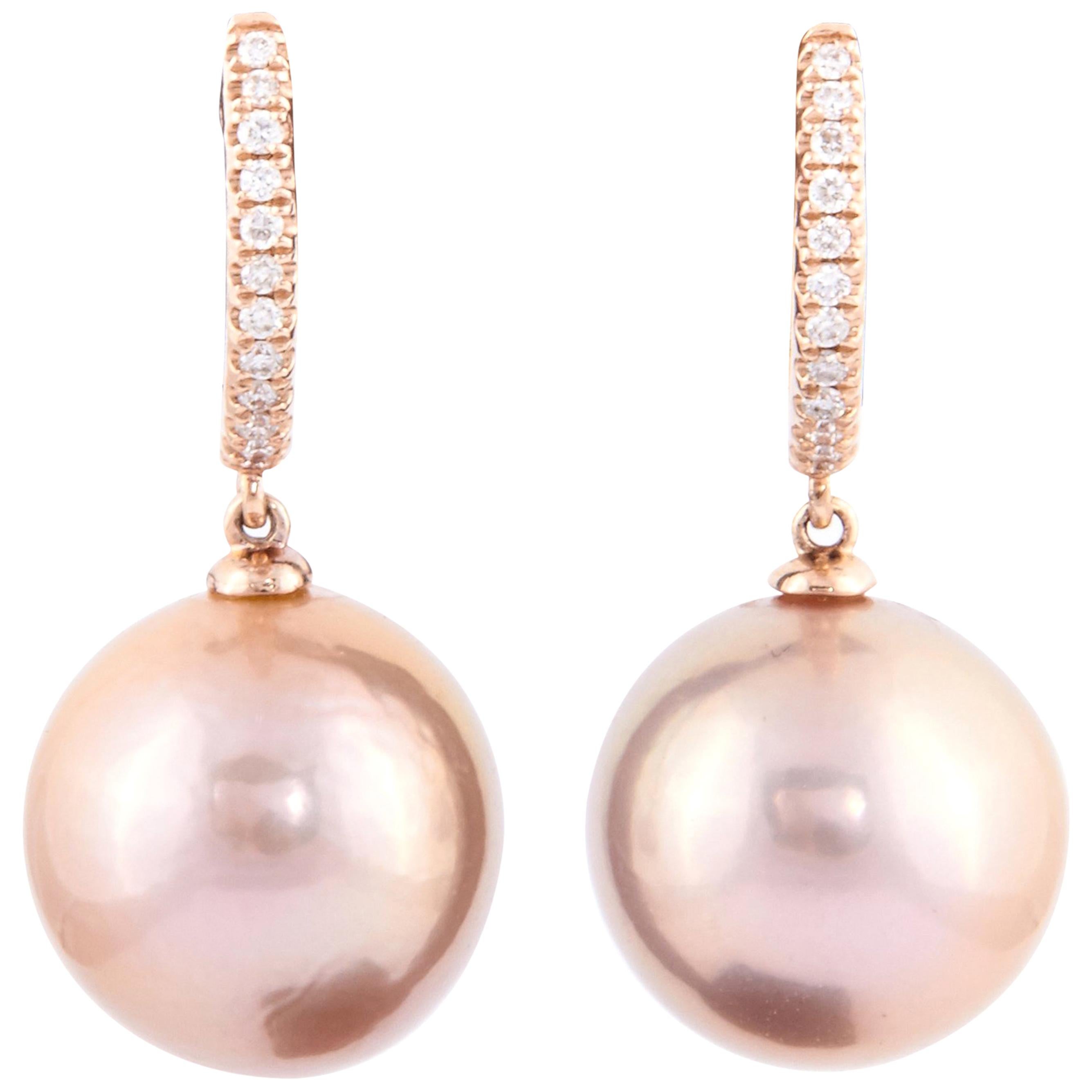 Pink Freshwater Cultured Pearl Diamond Drop Earrings 0.11 Carats 14K Pink Gold For Sale