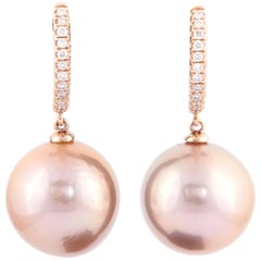 Pink Freshwater Cultured Pearl Diamond Drop Earrings 0.11 Carats 14K Pink Gold