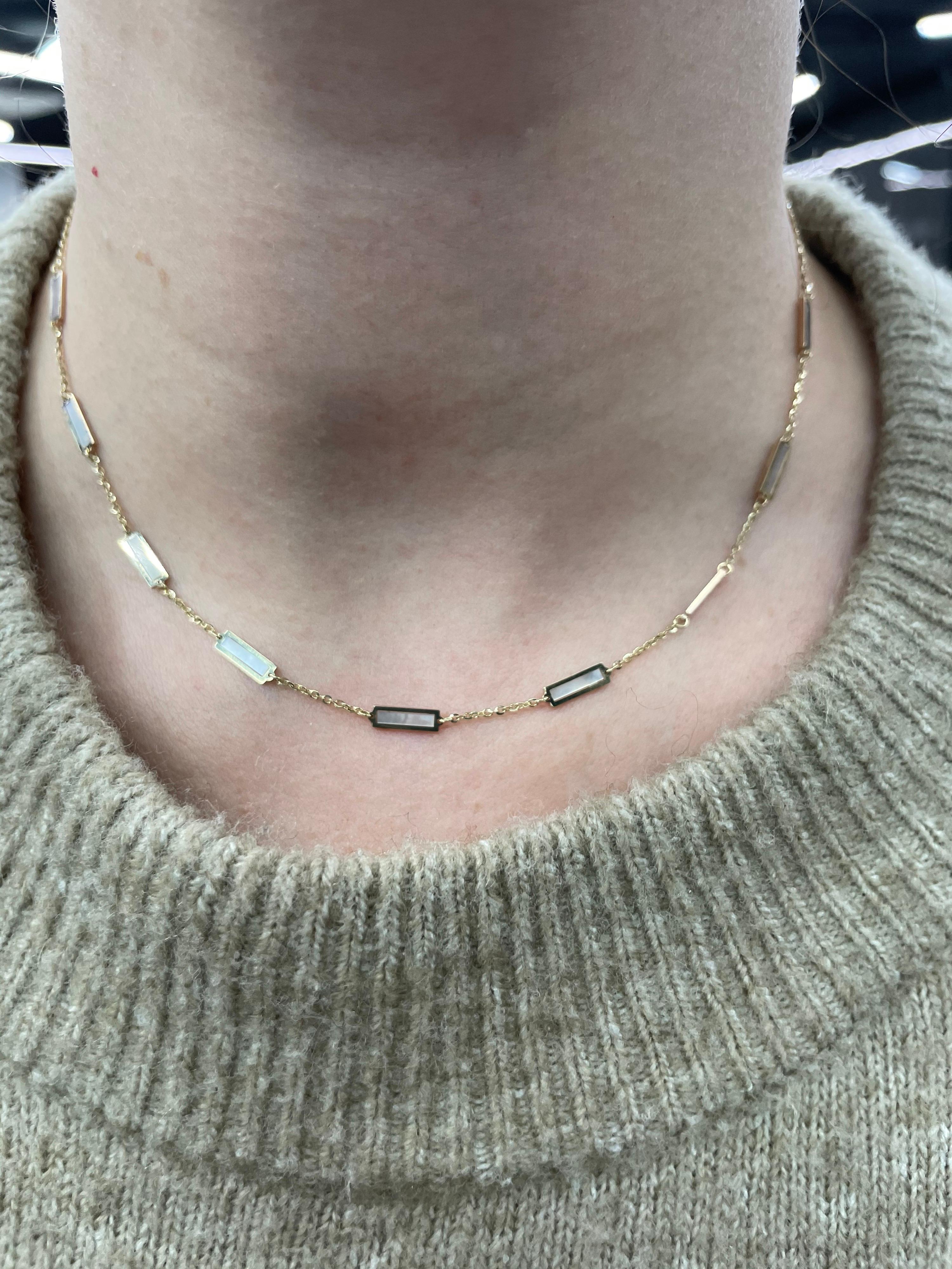 Italian 14k yellow gold necklace featuring Mother of Pearl and gold trim bars. Super trendy and great for layering!
Available in different colors and styles.
Email to inquire.