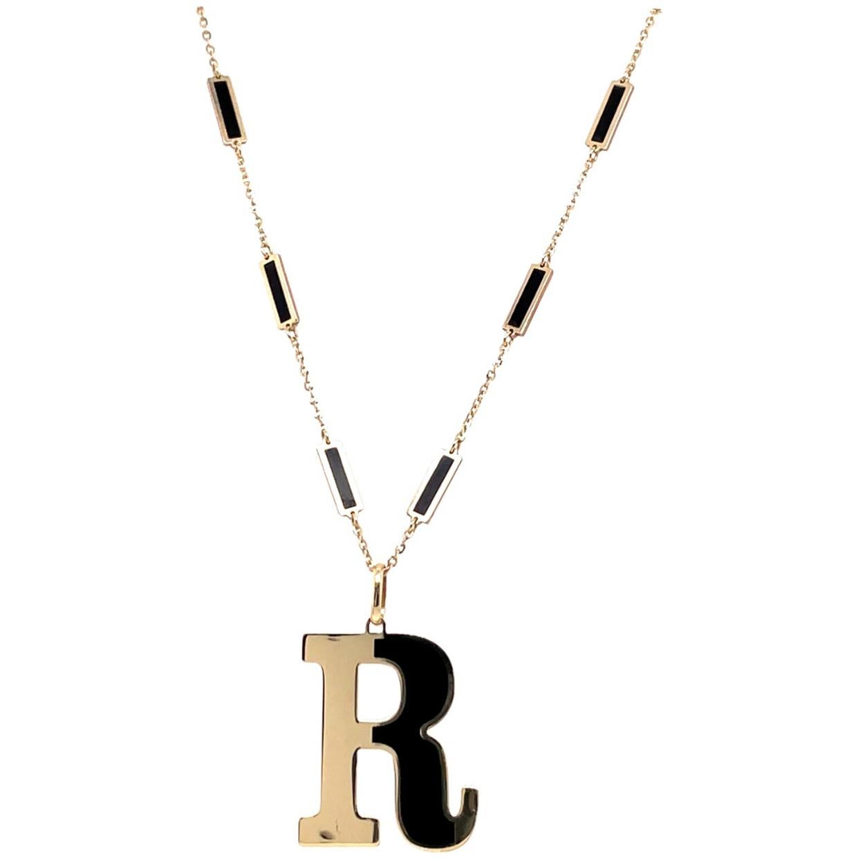 Harbor D. Italian Onyx Gold Custom  Initial Pendant on Onyx Bar Gold Chain 