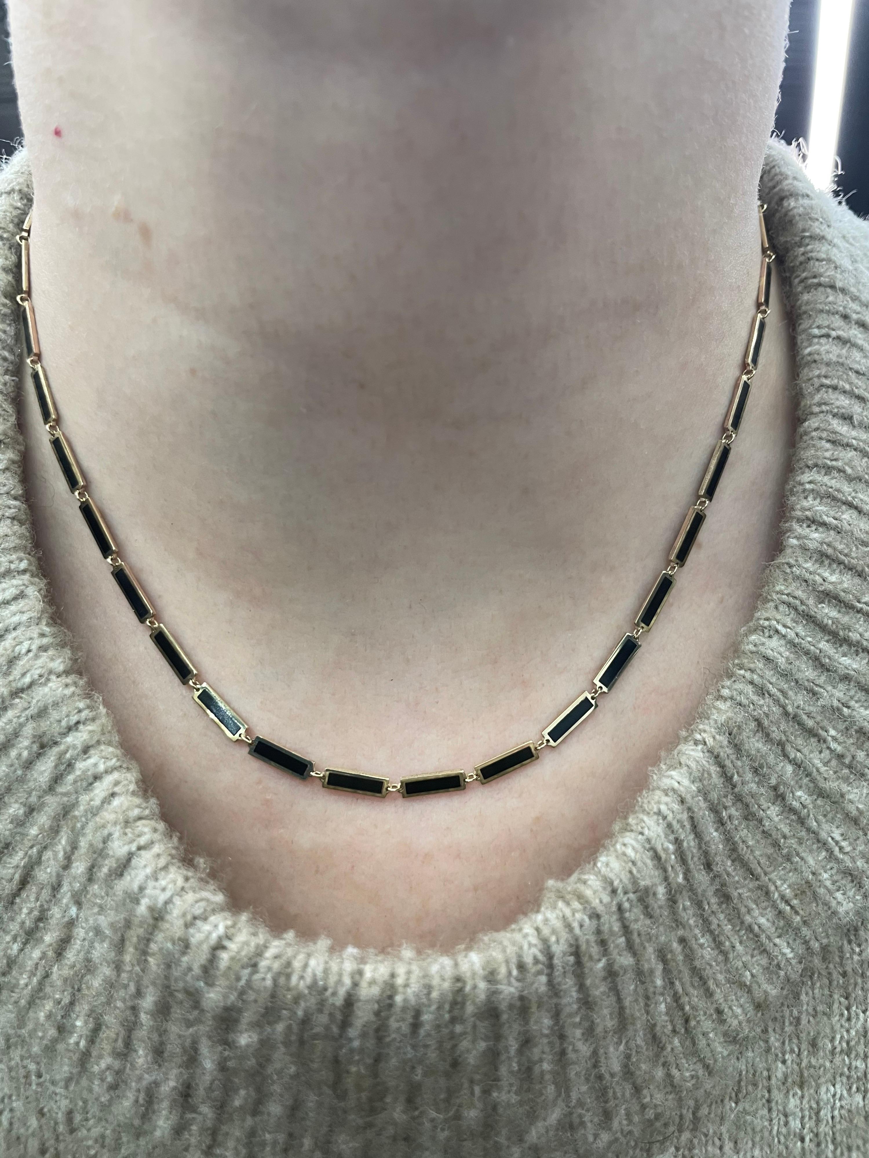 Italian 14k yellow gold necklace featuring onyx and gold trim bars. Super trendy and great for layering!
Available in different colors and styles.
Email to inquire. 