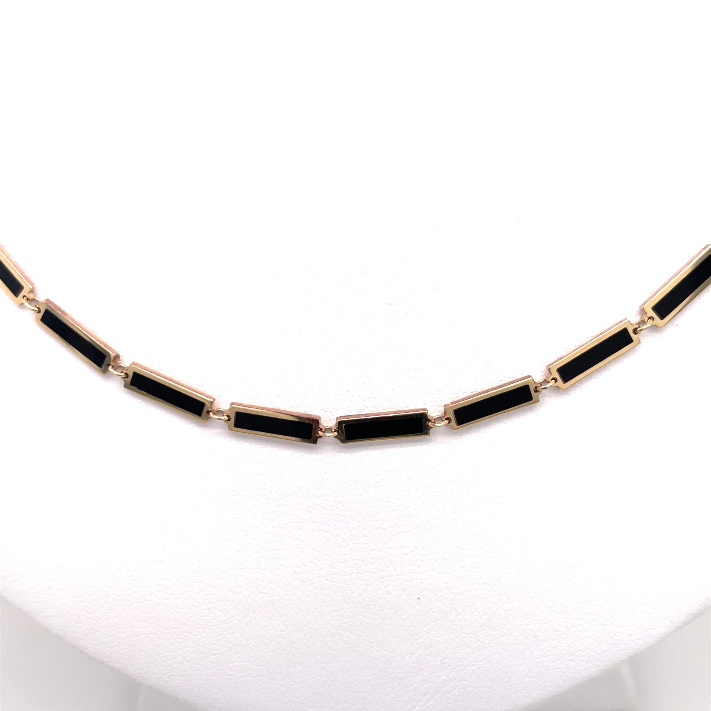 Italian Onyx Gold Trim Bar Necklace 14 Karat Yellow Gold In New Condition For Sale In New York, NY