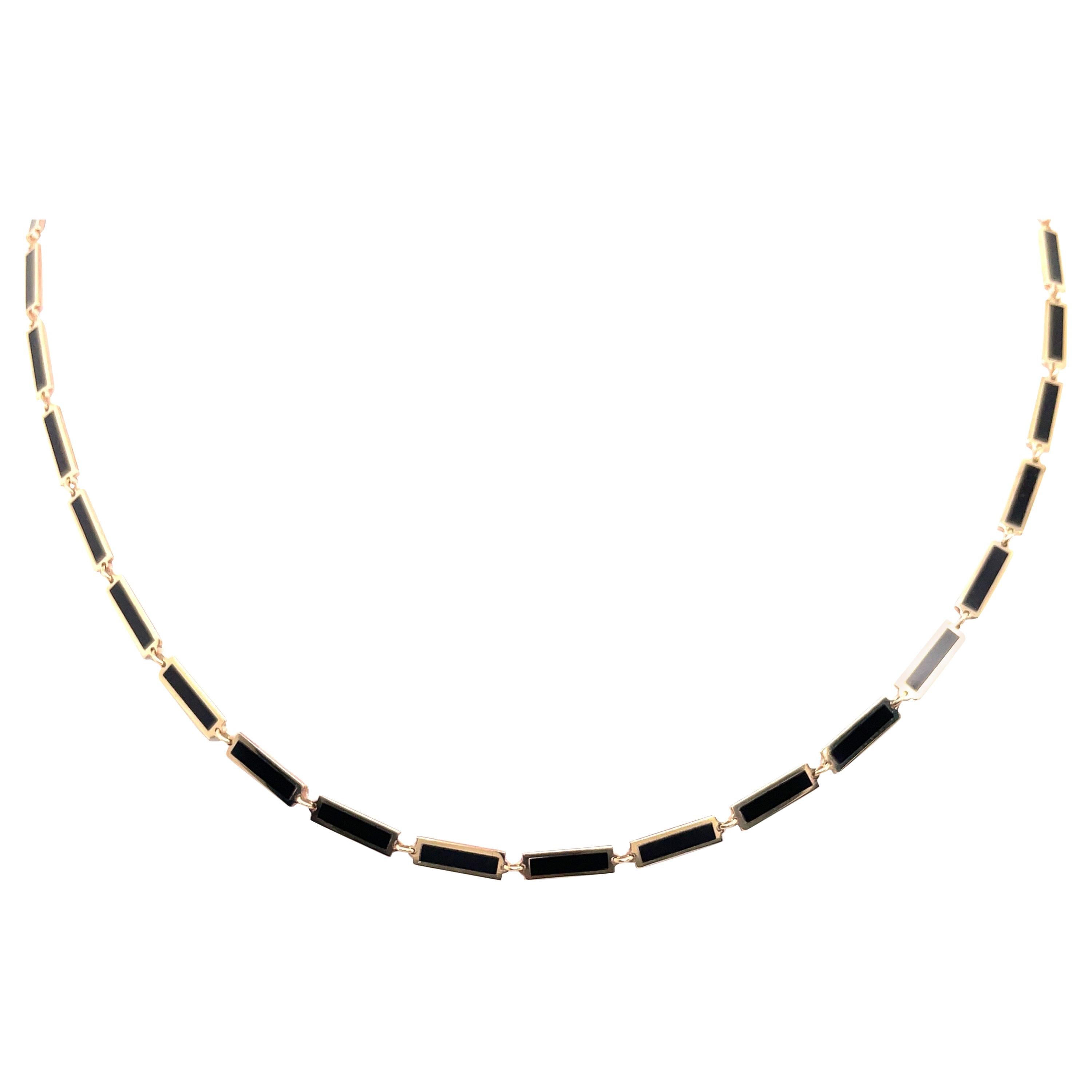 Italienische Bar-Halskette aus 14 Karat Gelbgold mit Onyx und Goldbesatz im Angebot