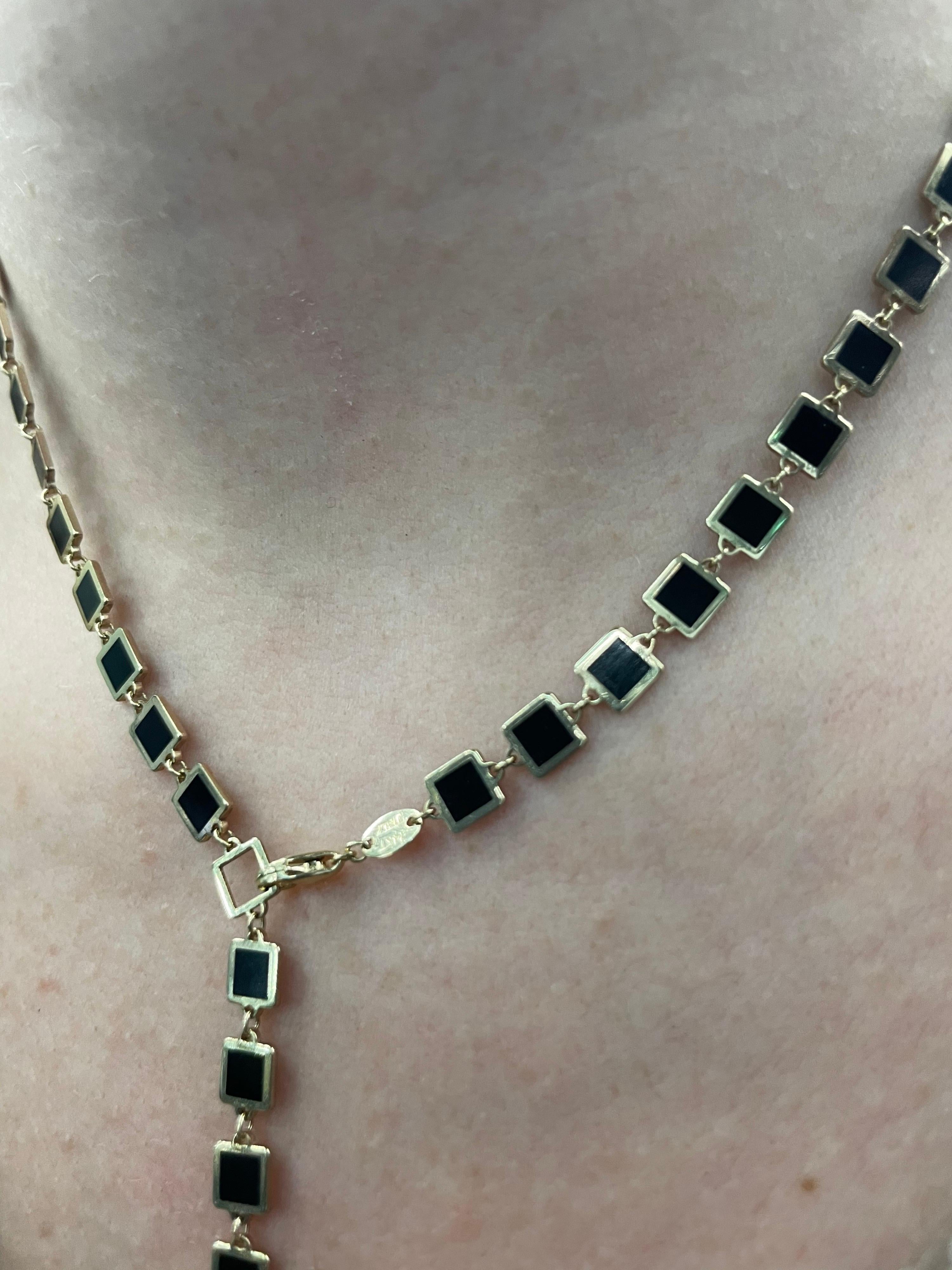 Italian Onyx Gold Trim Square Necklace 14 Karat Yellow Gold For Sale 6