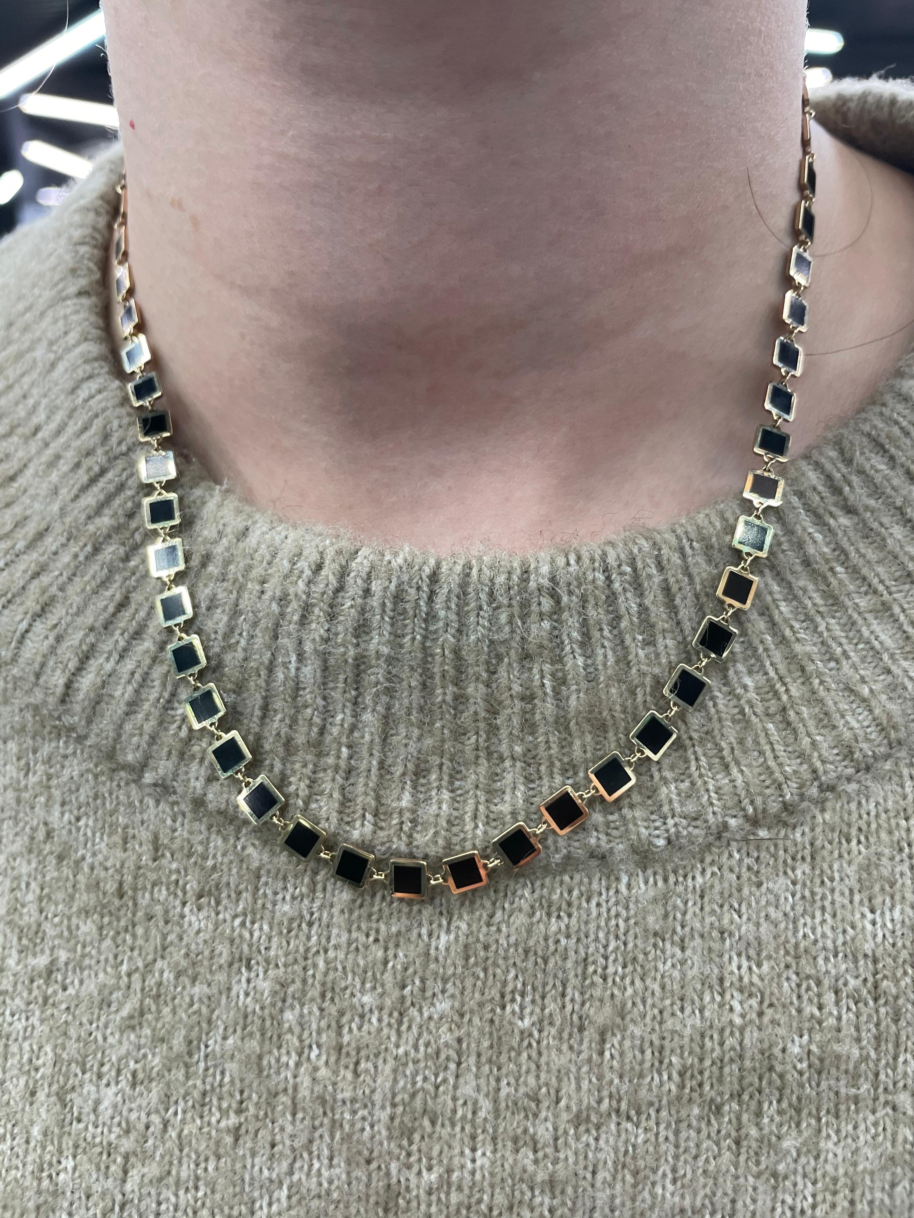 Italian 14k yellow gold necklace featuring onyx and gold trim squares. Super trendy and great for layering!
Adjustable to make as a lariat and hang a charm on. 
Available in different colors and styles.
Email to inquire. 