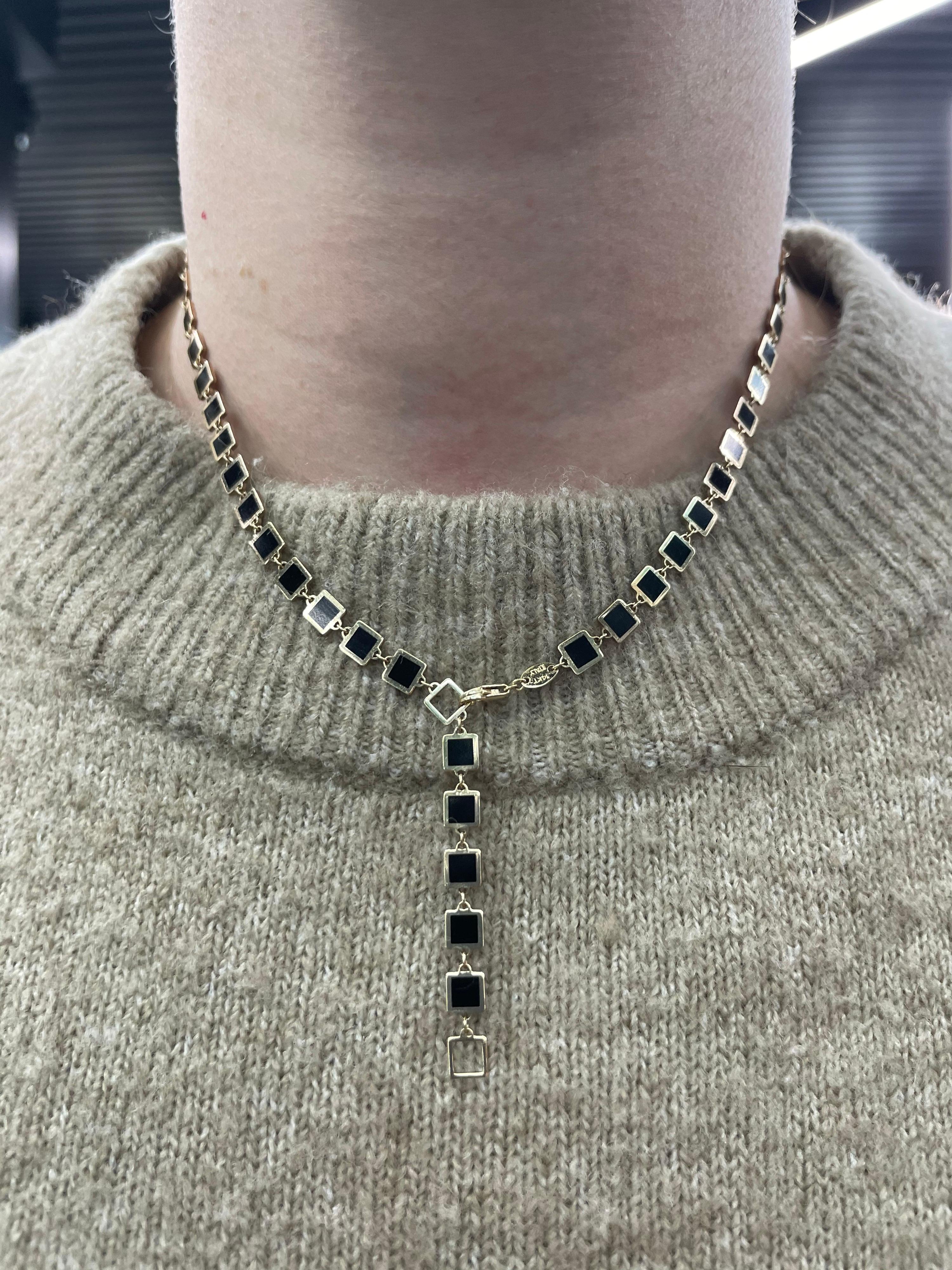 Italienische Onyx Gold Trim Quadratische Verstellbare Halskette 14 Karat Gelbgold Damen im Angebot