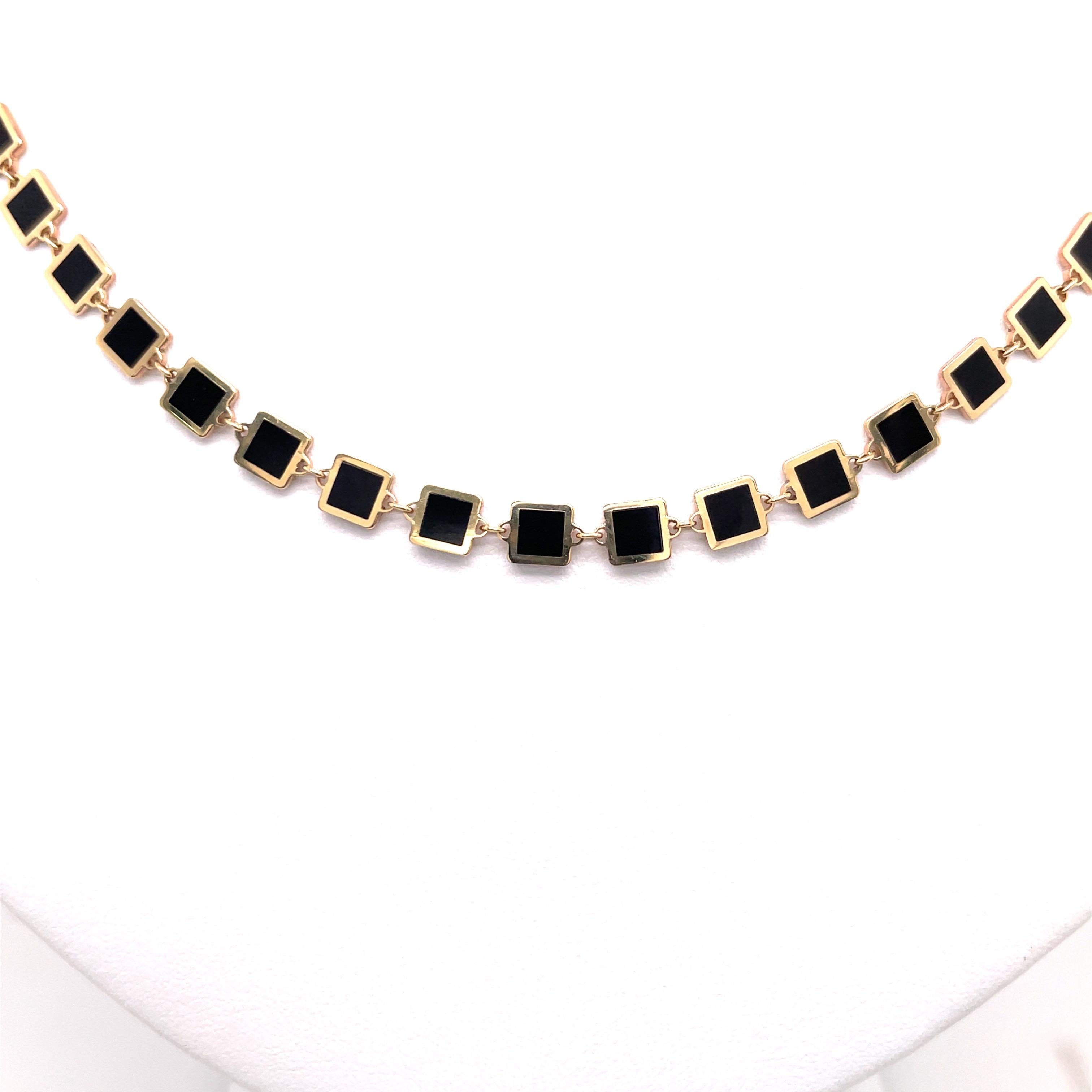 Italian Onyx Gold Trim Square Necklace 14 Karat Yellow Gold In New Condition For Sale In New York, NY