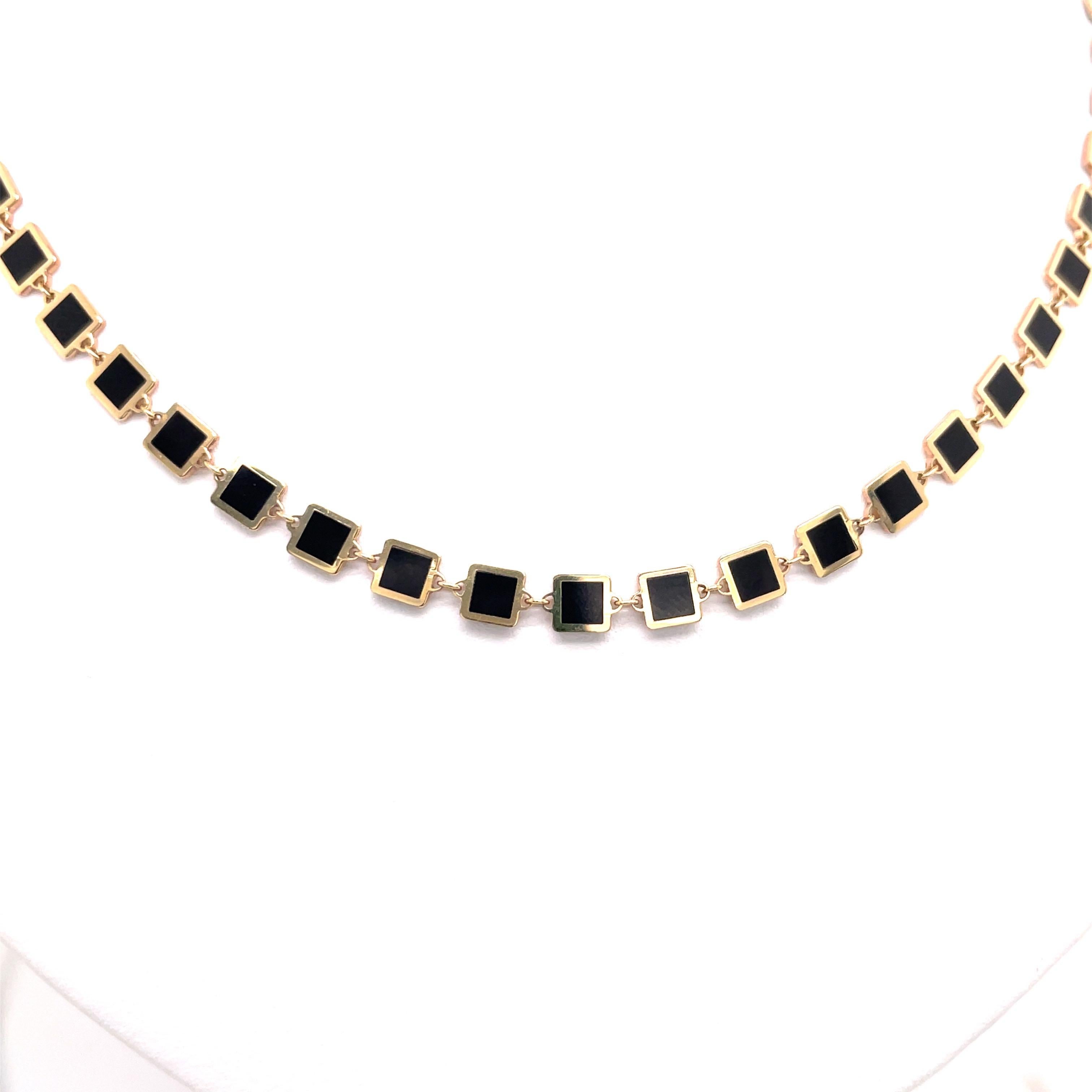 Italienische Onyx Gold Trim Quadratische Verstellbare Halskette 14 Karat Gelbgold im Angebot 1