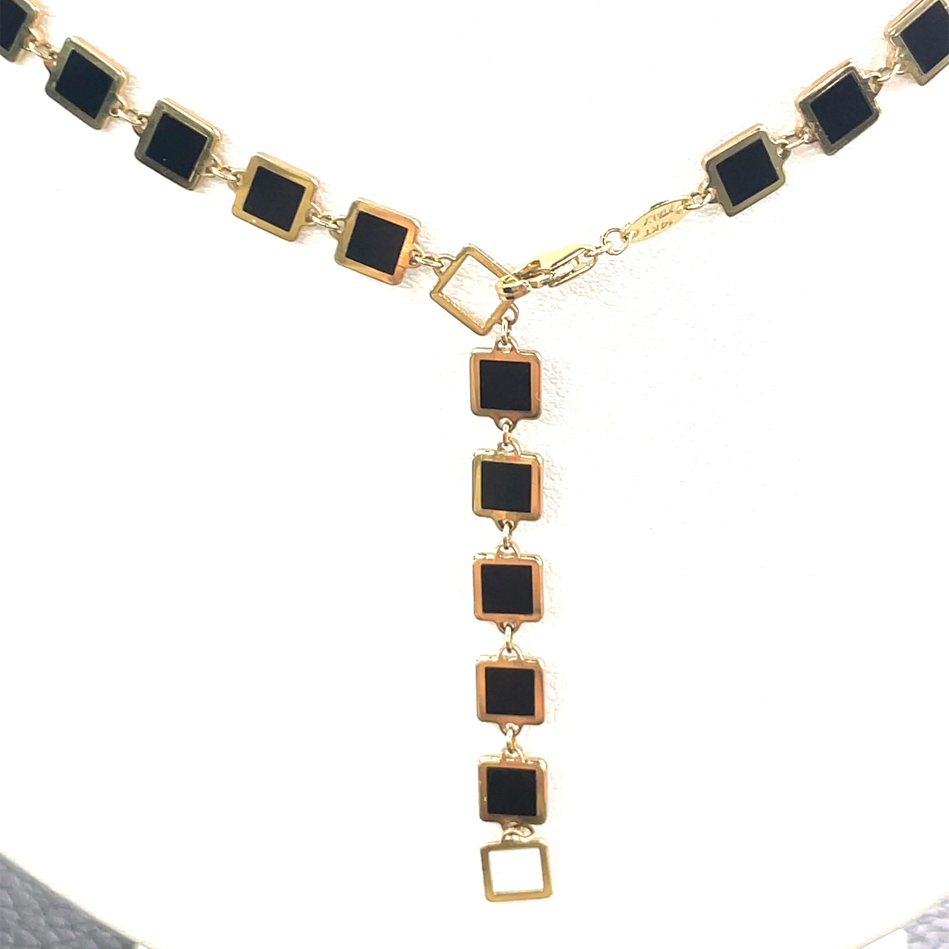 Italian Onyx Gold Trim Square Necklace 14 Karat Yellow Gold For Sale 1