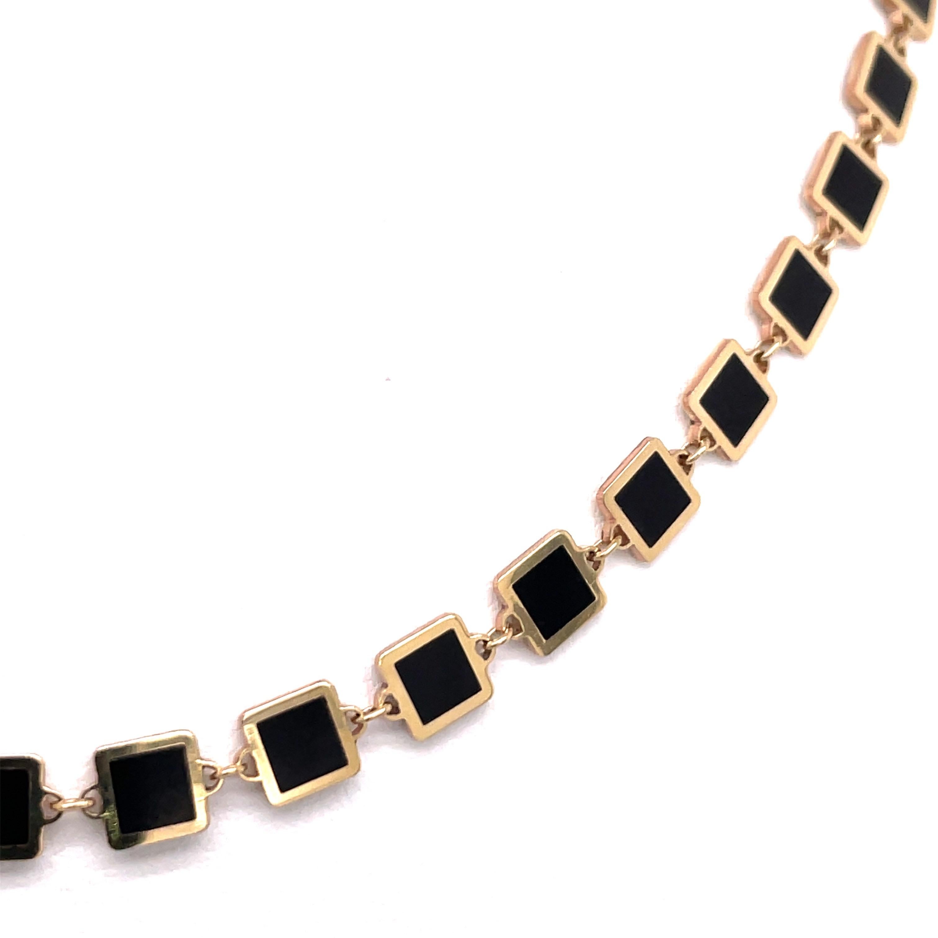Italian Onyx Gold Trim Square Necklace 14 Karat Yellow Gold For Sale 2