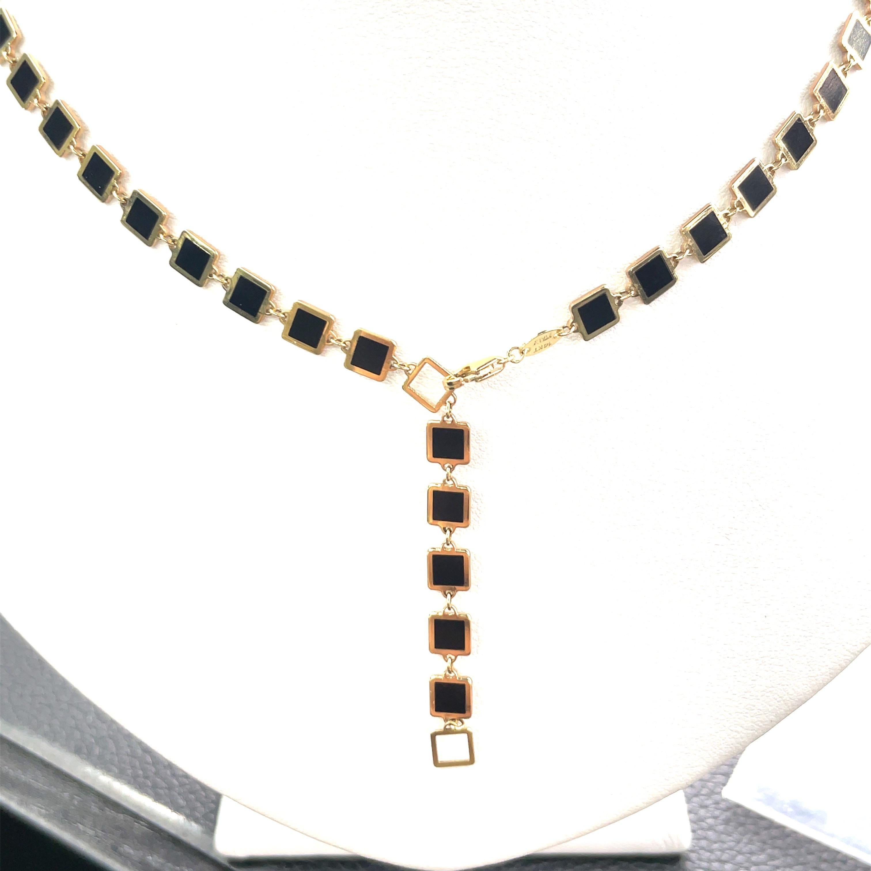 Italian Onyx Gold Trim Square Necklace 14 Karat Yellow Gold For Sale 3