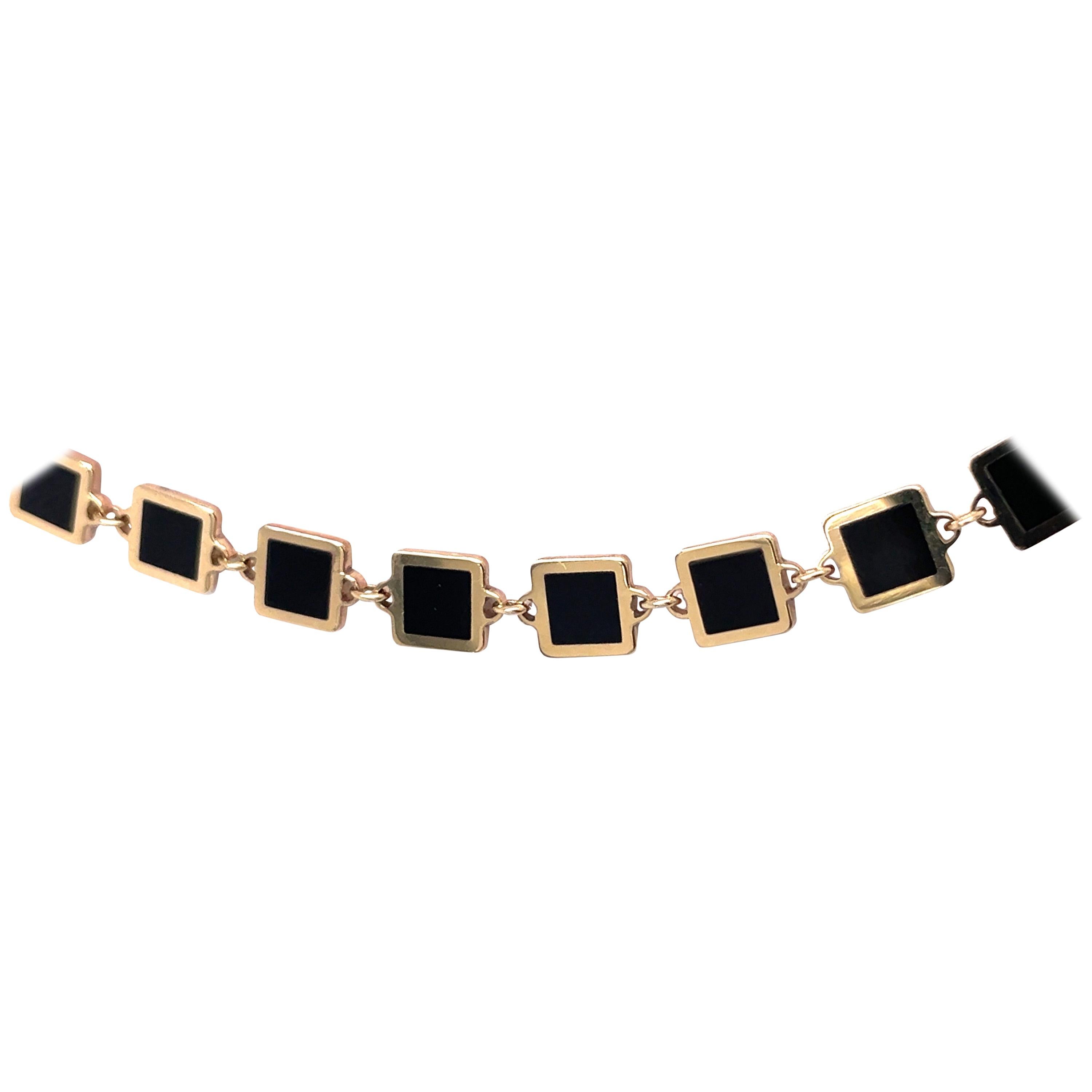 Italian Onyx Gold Trim Square Necklace 14 Karat Yellow Gold For Sale