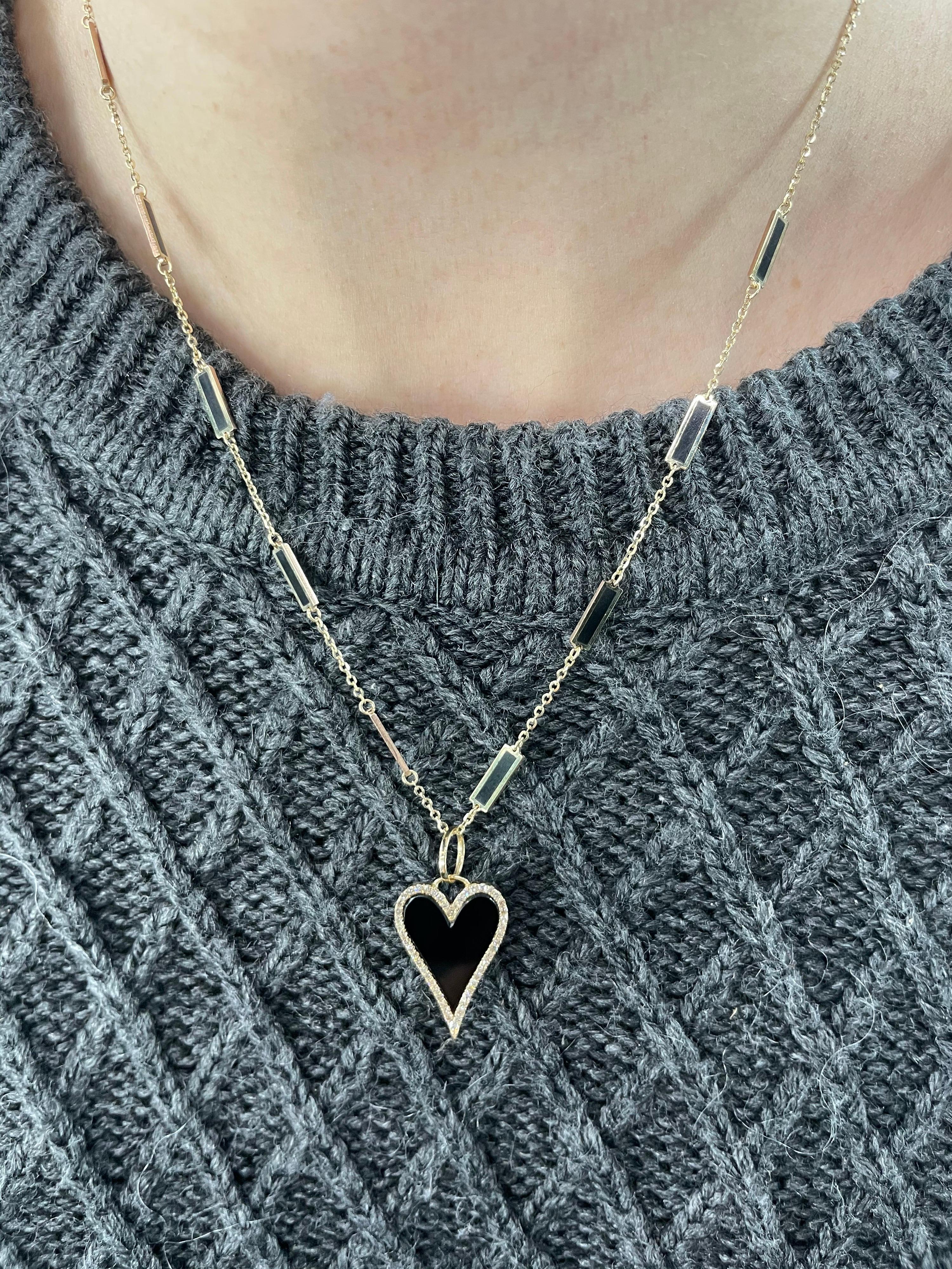 Contemporary HARBOR D. Italian Onyx Yellow Gold Diamond Heart Pendant Necklace 0.38 Carat