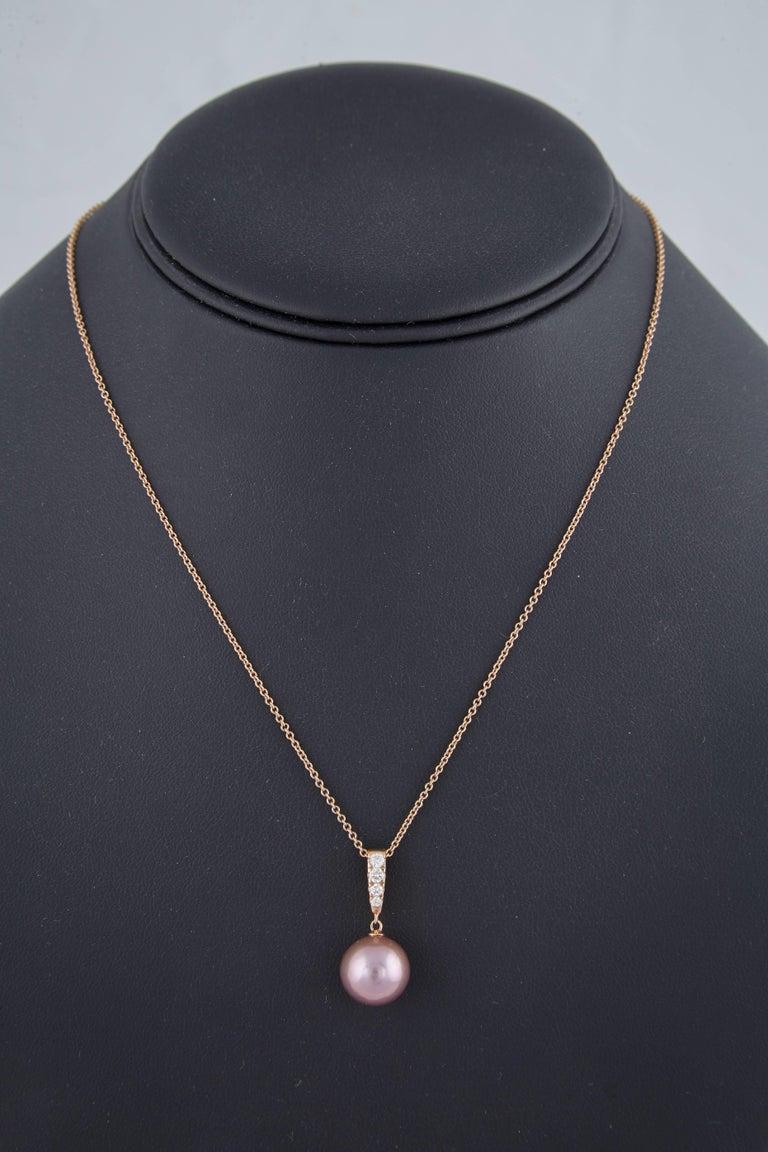 Rose Cut Harbor D, Pink Freshwater Pearl and Four Diamond Rose Gold Pendant For Sale
