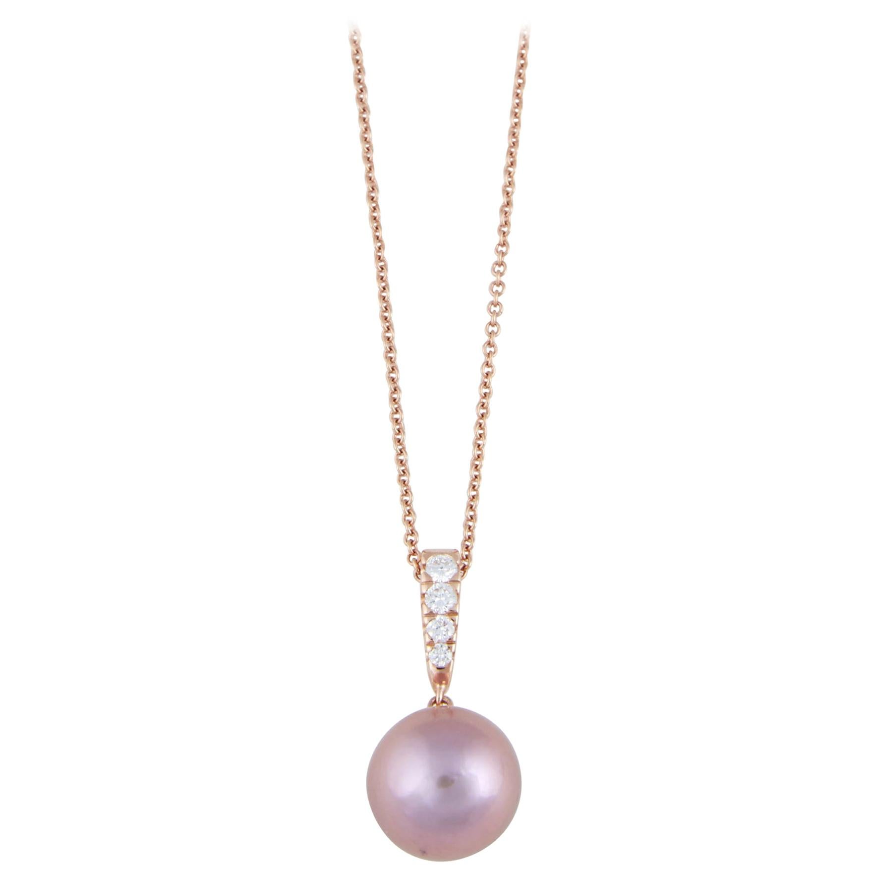 Harbor D, Pink Freshwater Pearl and Four Diamond Rose Gold Pendant For Sale