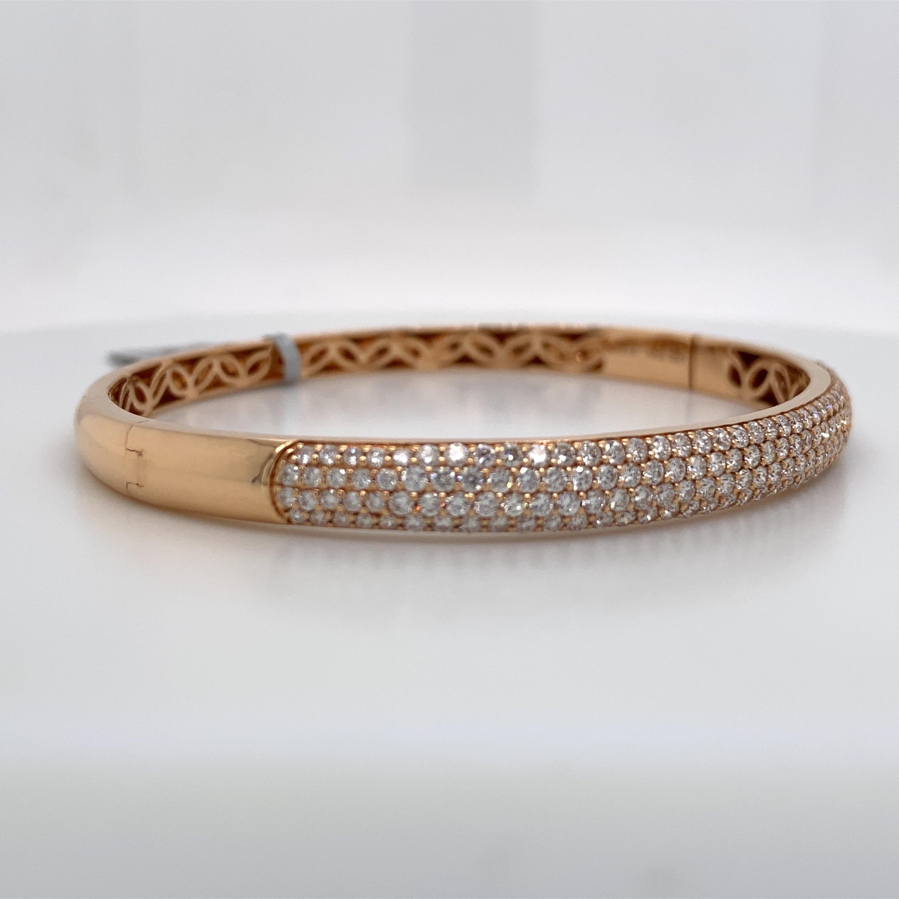 Round Cut Harbor D. Three-Row Diamond Bangle Bracelet 2.32 Carat 18 Karat Rose Gold