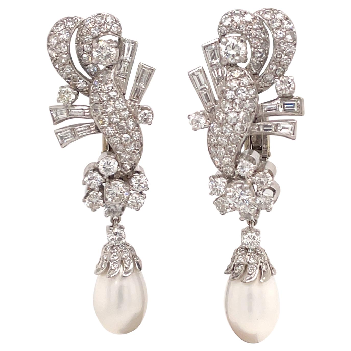 HARBOR D, Vintage Diamond Pearl Drop Earrings 6.25 Carat Platinum For Sale