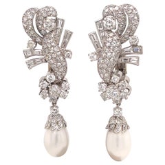 HARBOR D, Vintage Diamond Pearl Drop Earrings 6.25 Carat Platinum