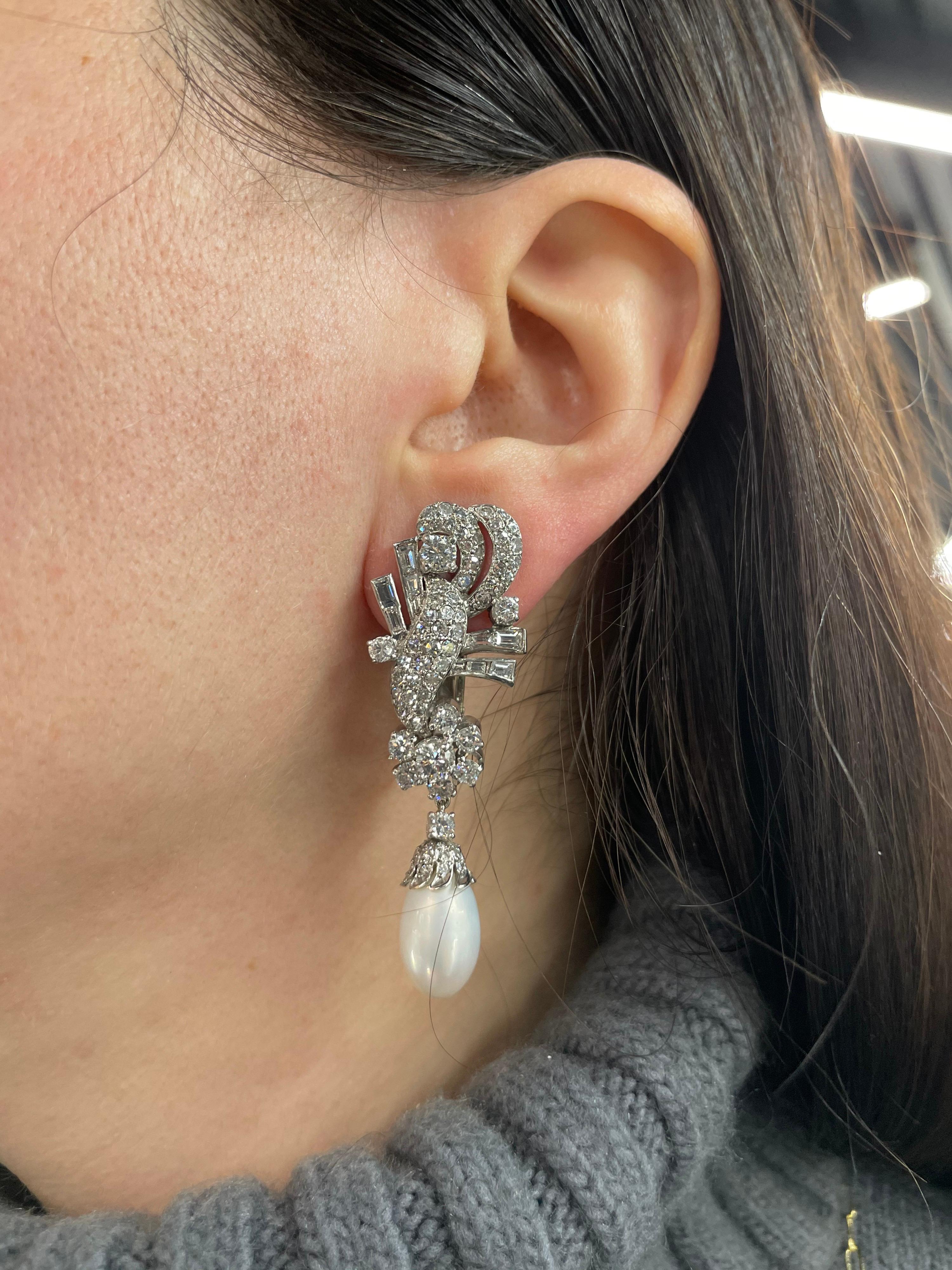 Vintage Diamond Pearl Drop Earrings 6.25 Carat Platinum 6