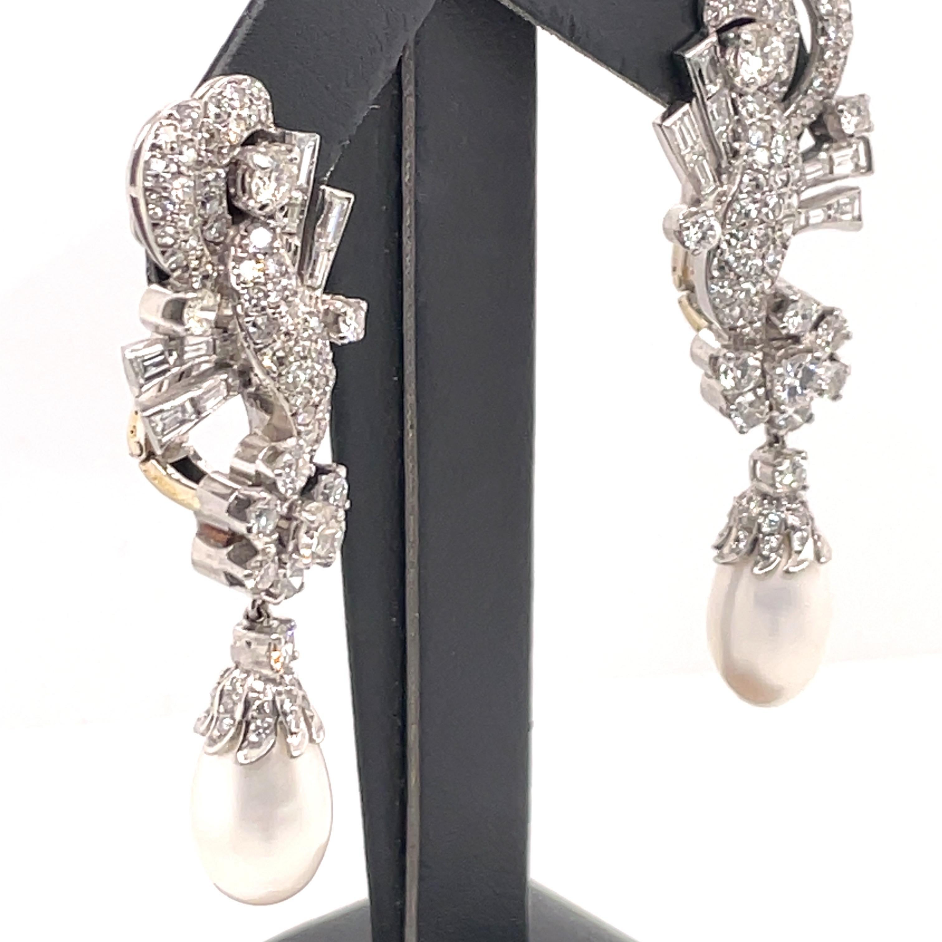 Vintage Diamond Pearl Drop Earrings 6.25 Carat Platinum For Sale 1