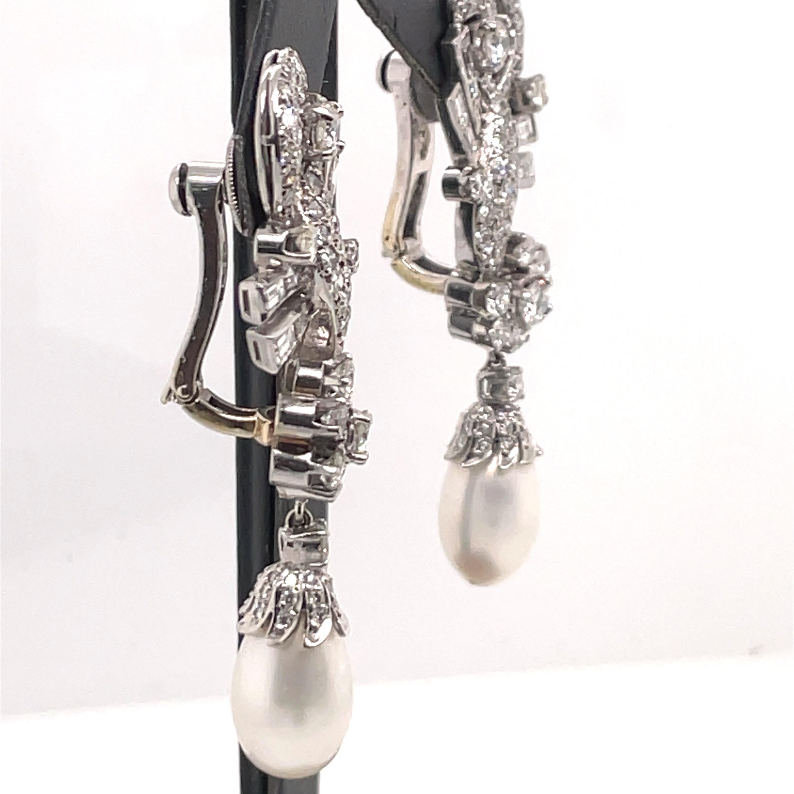 HARBOR D, Vintage Diamond Pearl Drop Earrings 6.25 Carat Platinum For Sale 2