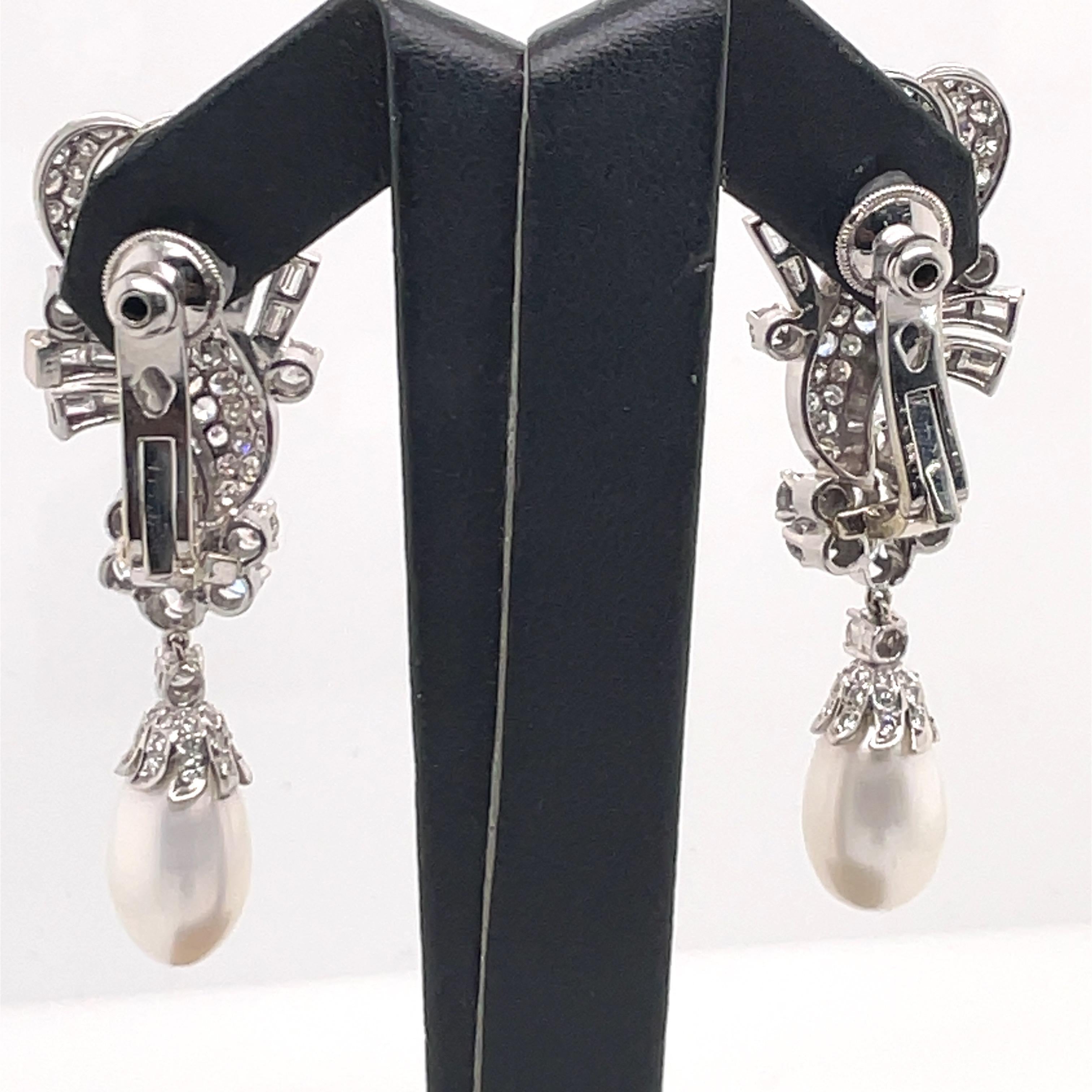 HARBOR D, Vintage Diamond Pearl Drop Earrings 6.25 Carat Platinum For Sale 4