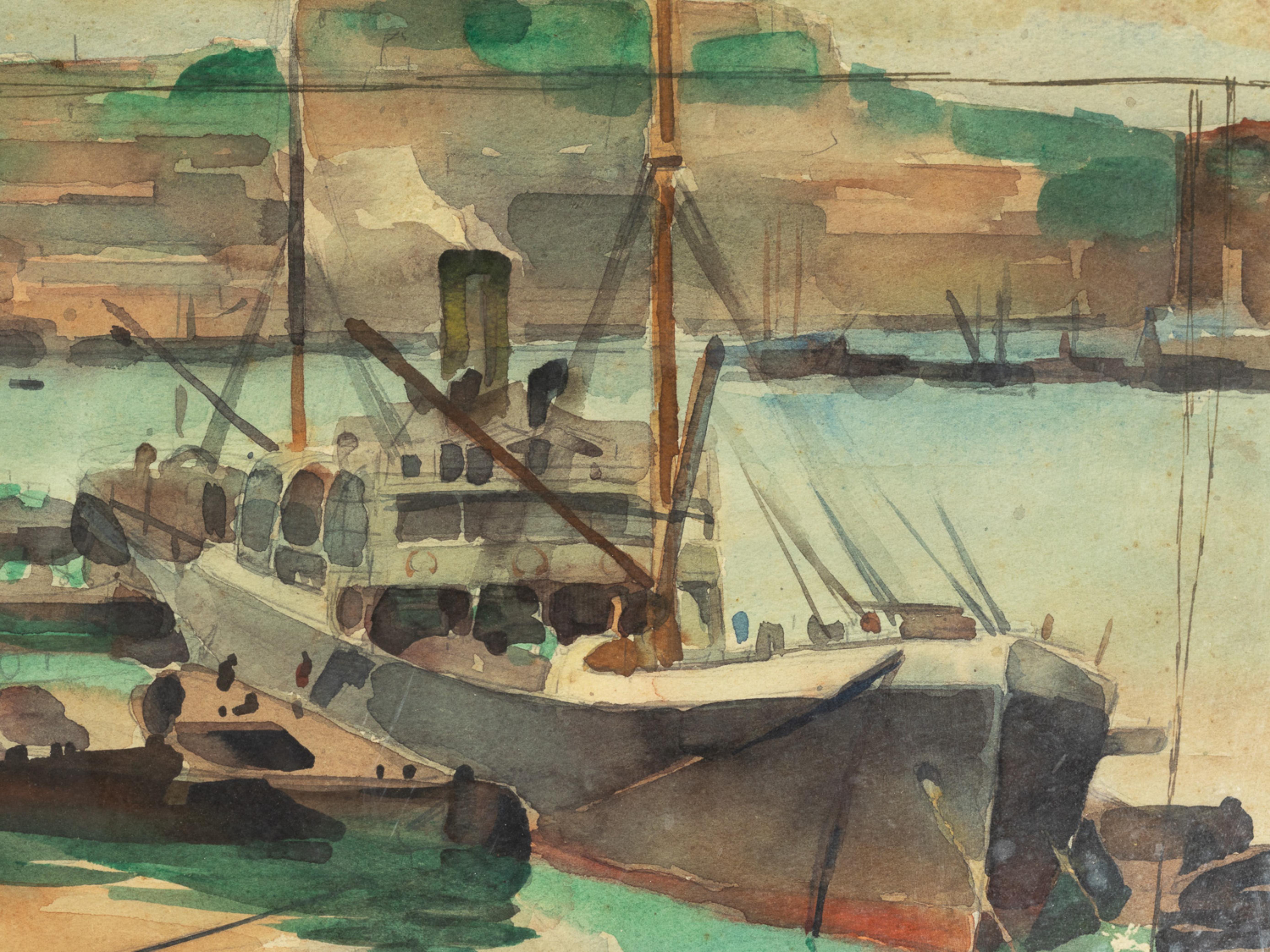 A watercolour painting of boats in the harbour by António Amadeu Conceição Cruz (1907-1983) with a dedication to the great painter Herculano Monteiro and signed «António Cruz» in dark tones, a constant tone of fog so present in the soul of his city
