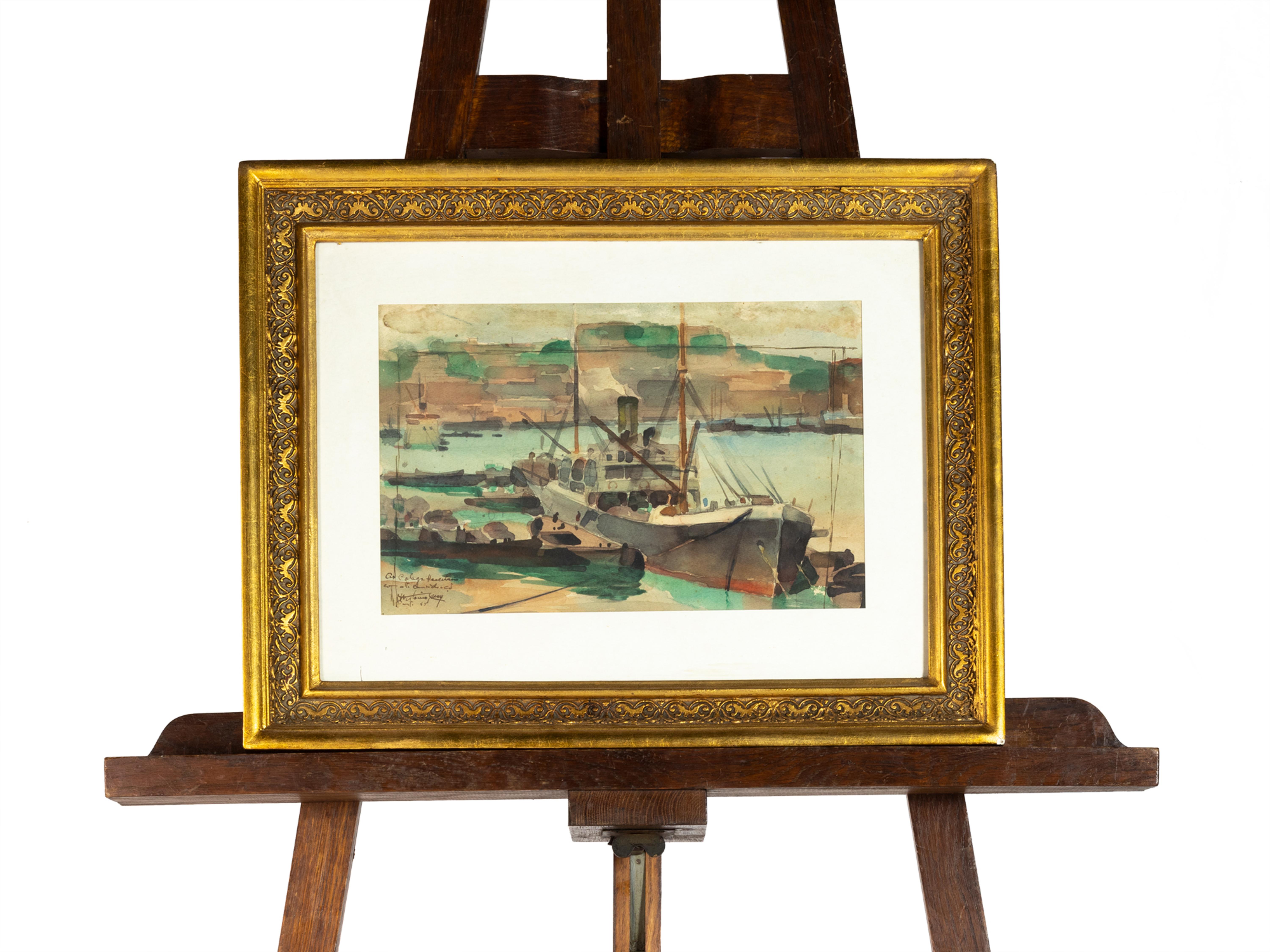 Oiled Harbor Fog Watercolor painting António Cruz, circa 1946 For Sale