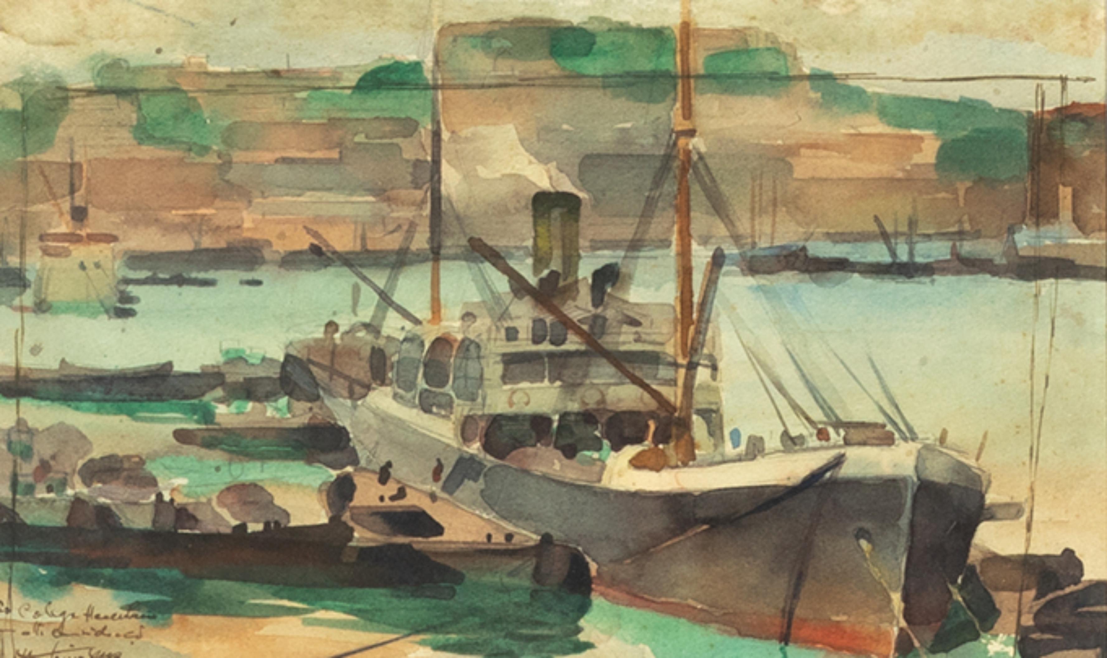 Harbor Fog Watercolor painting António Cruz, circa 1946 In Good Condition For Sale In Lisbon, PT